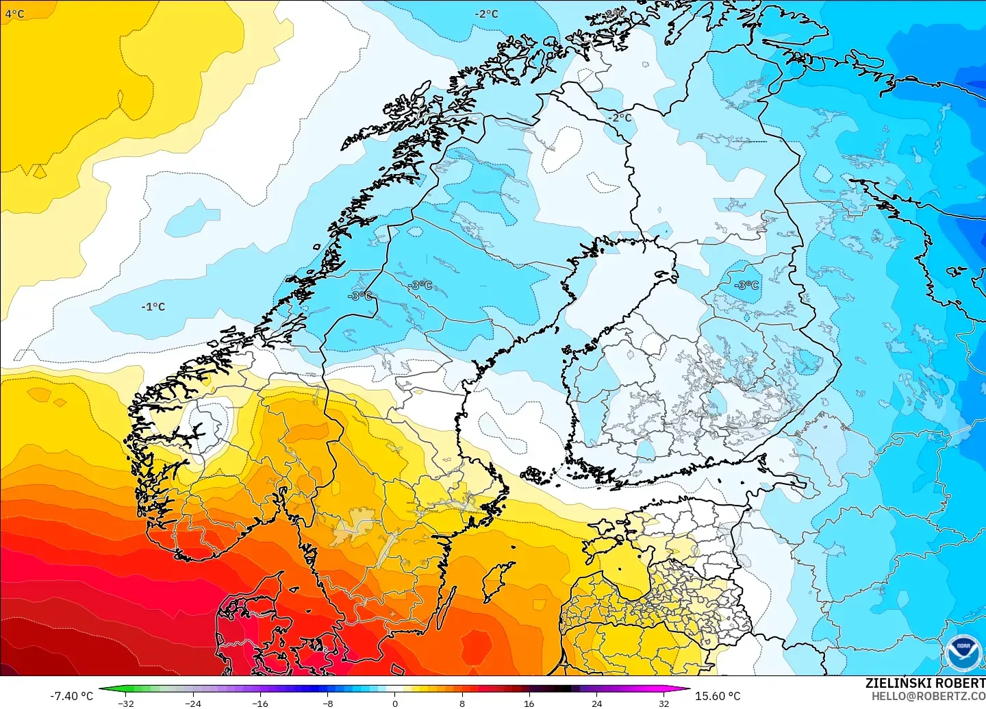 GFS model - Scandinavia, Temperature at 850hPa Anomaly