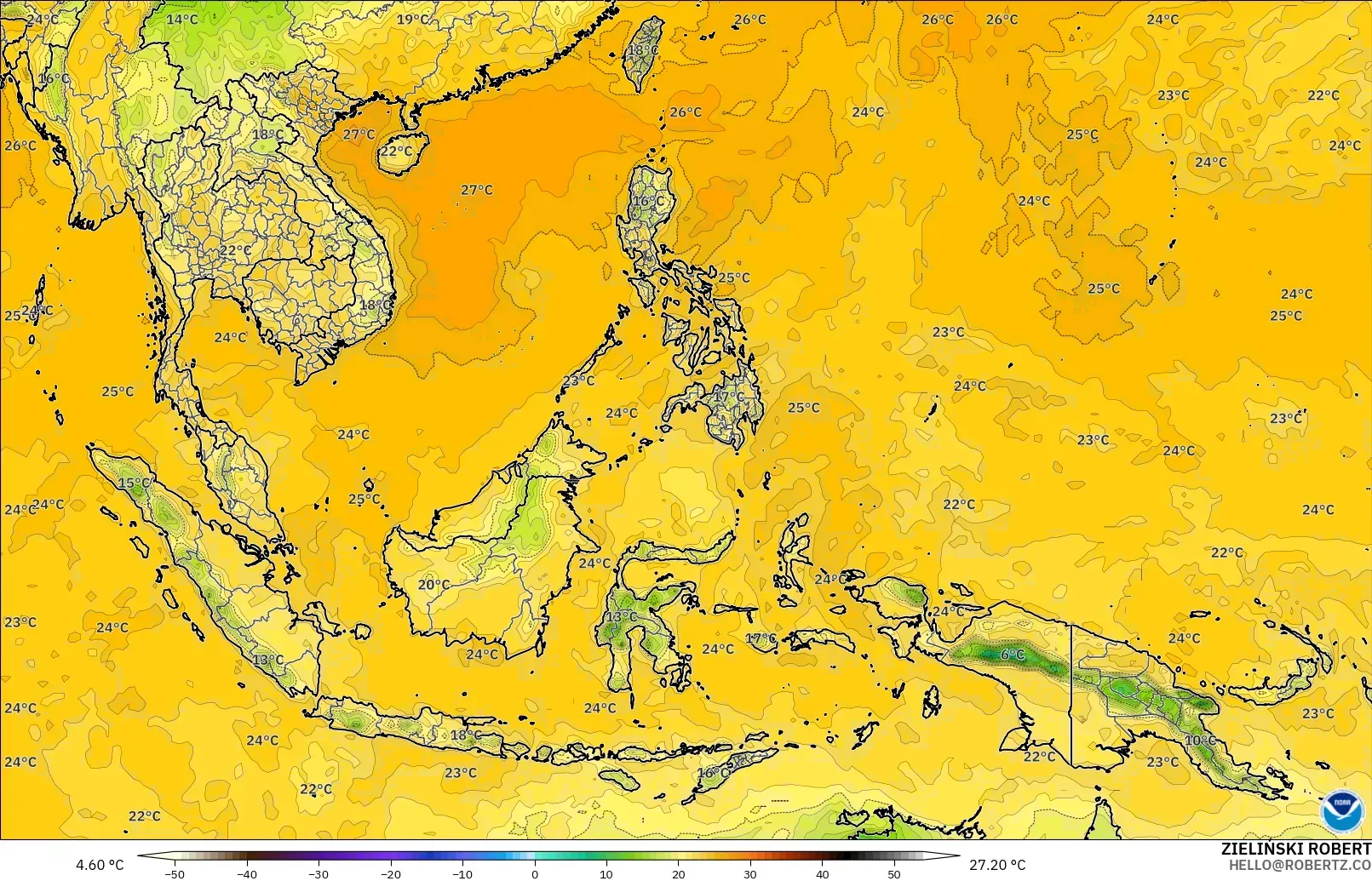 GFS model - South East Asia, Dewpoint at 2m
