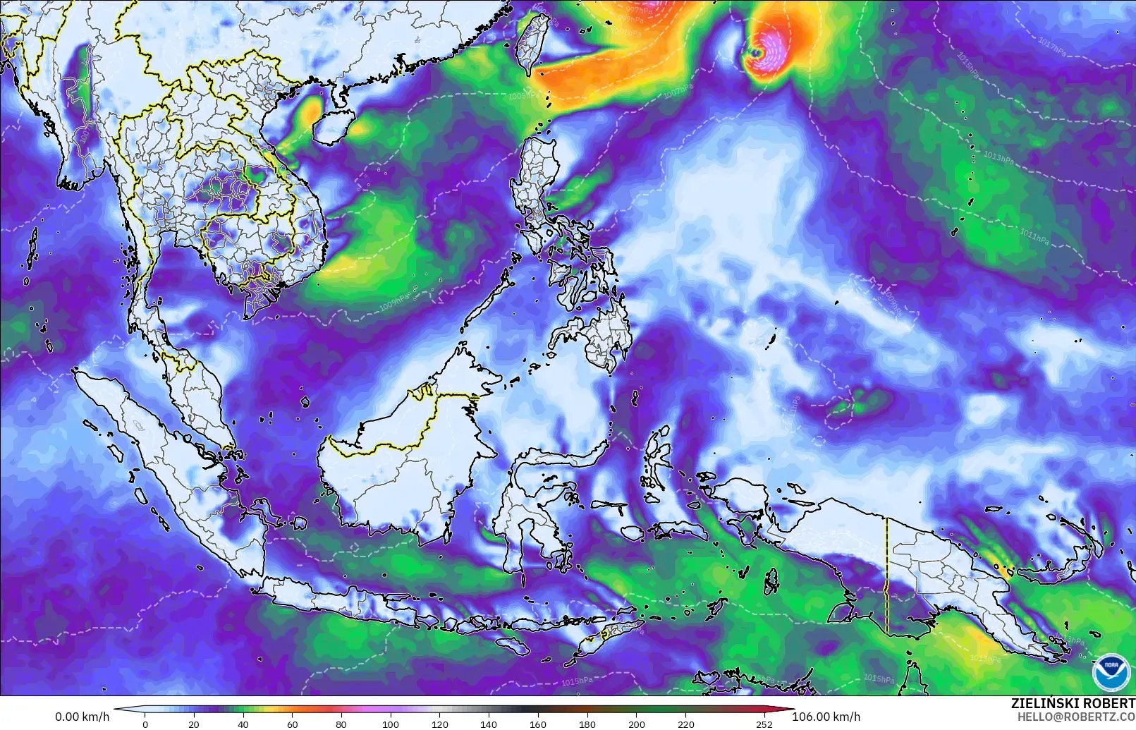 GFS model - South East Asia, Wind Gusts Peak
