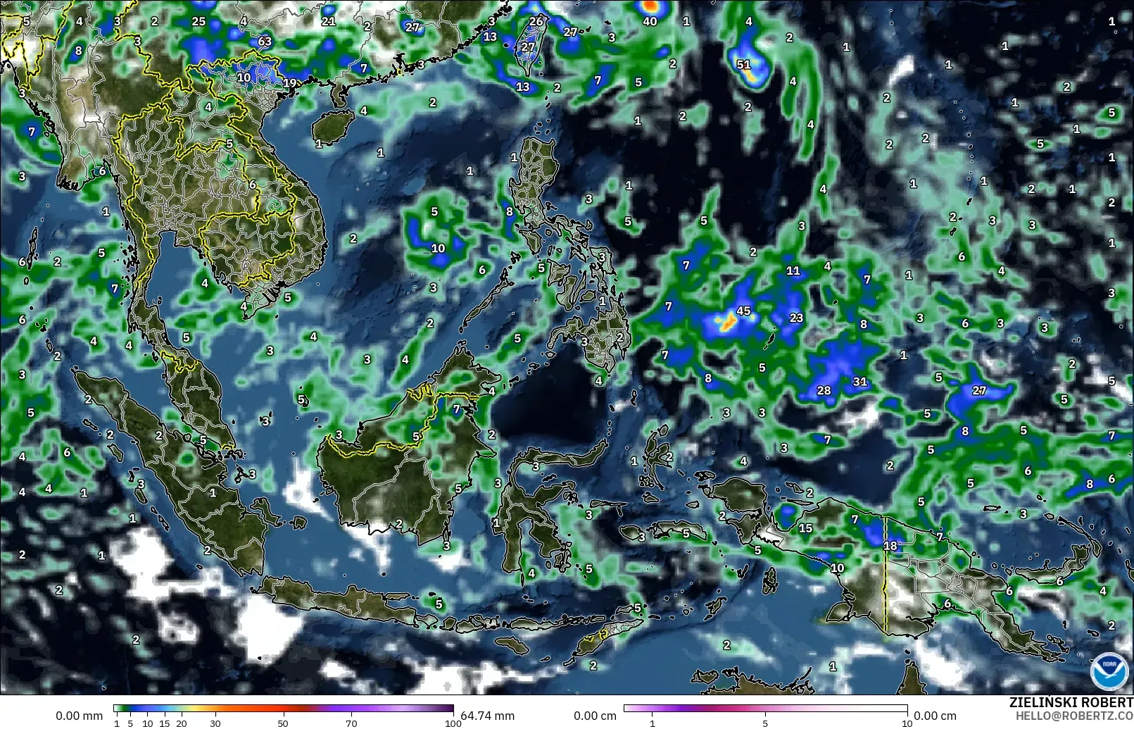 GFS model - South East Asia, Precipitation, Clouds, and Pressure