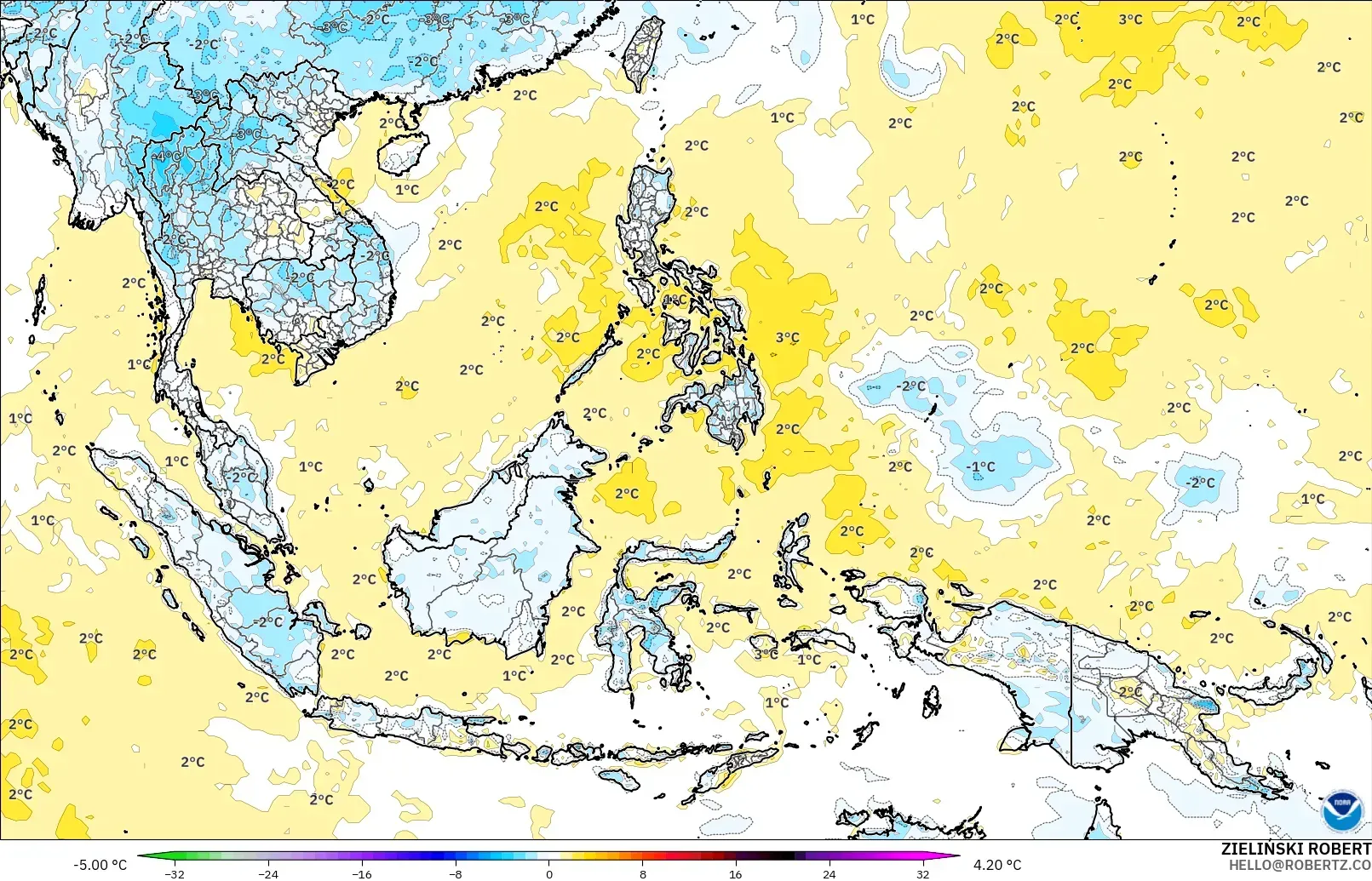 GFS model - South East Asia, Temperature at 2m Anomaly