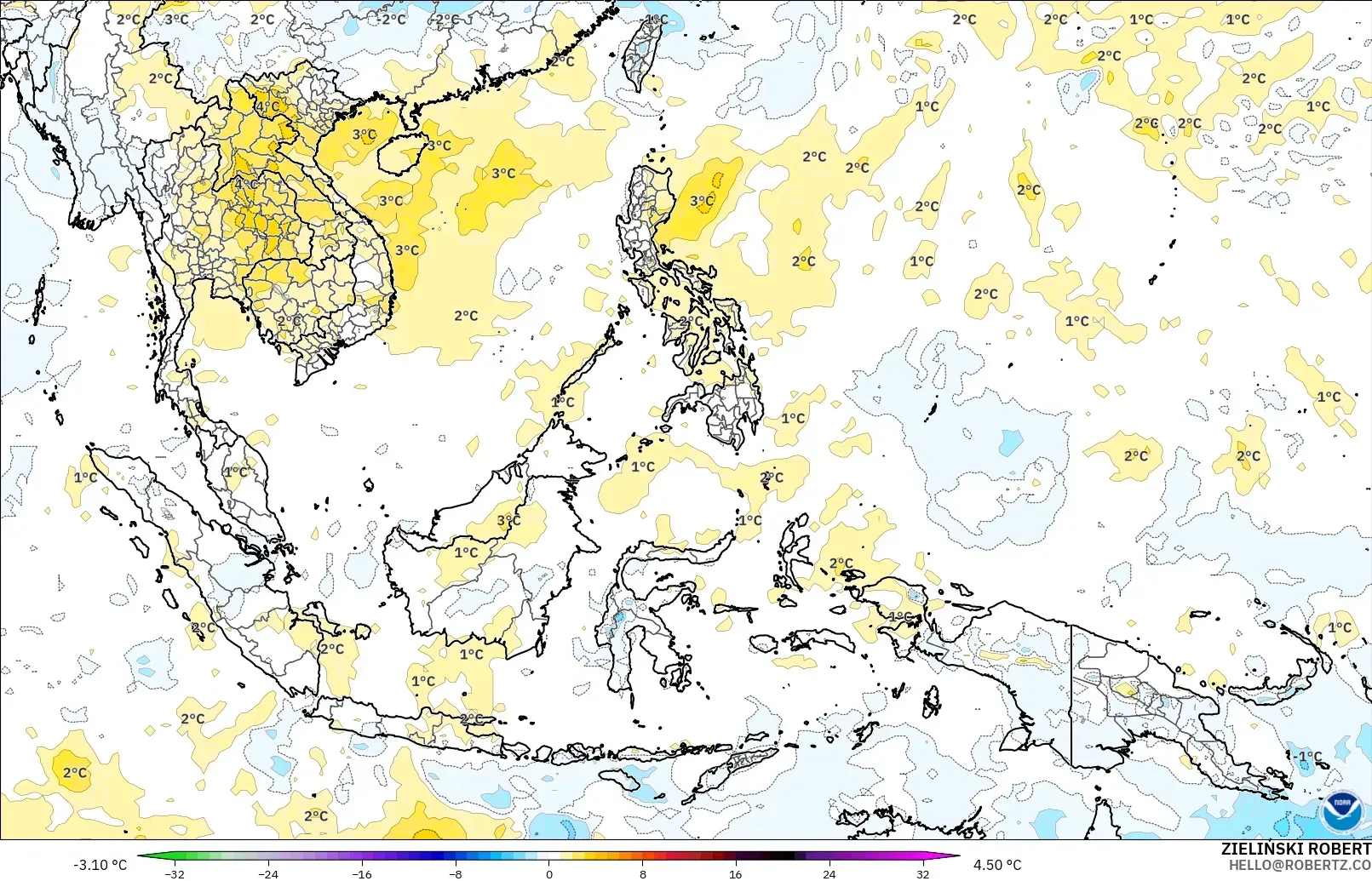 GFS model - South East Asia, Temperature at 850hPa Anomaly