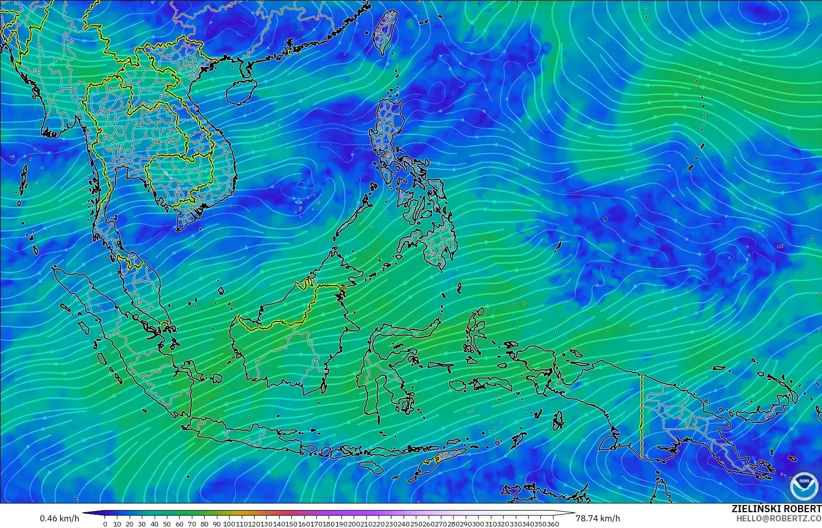 GFS model - South East Asia, Wind at 300hPa (jet stream)