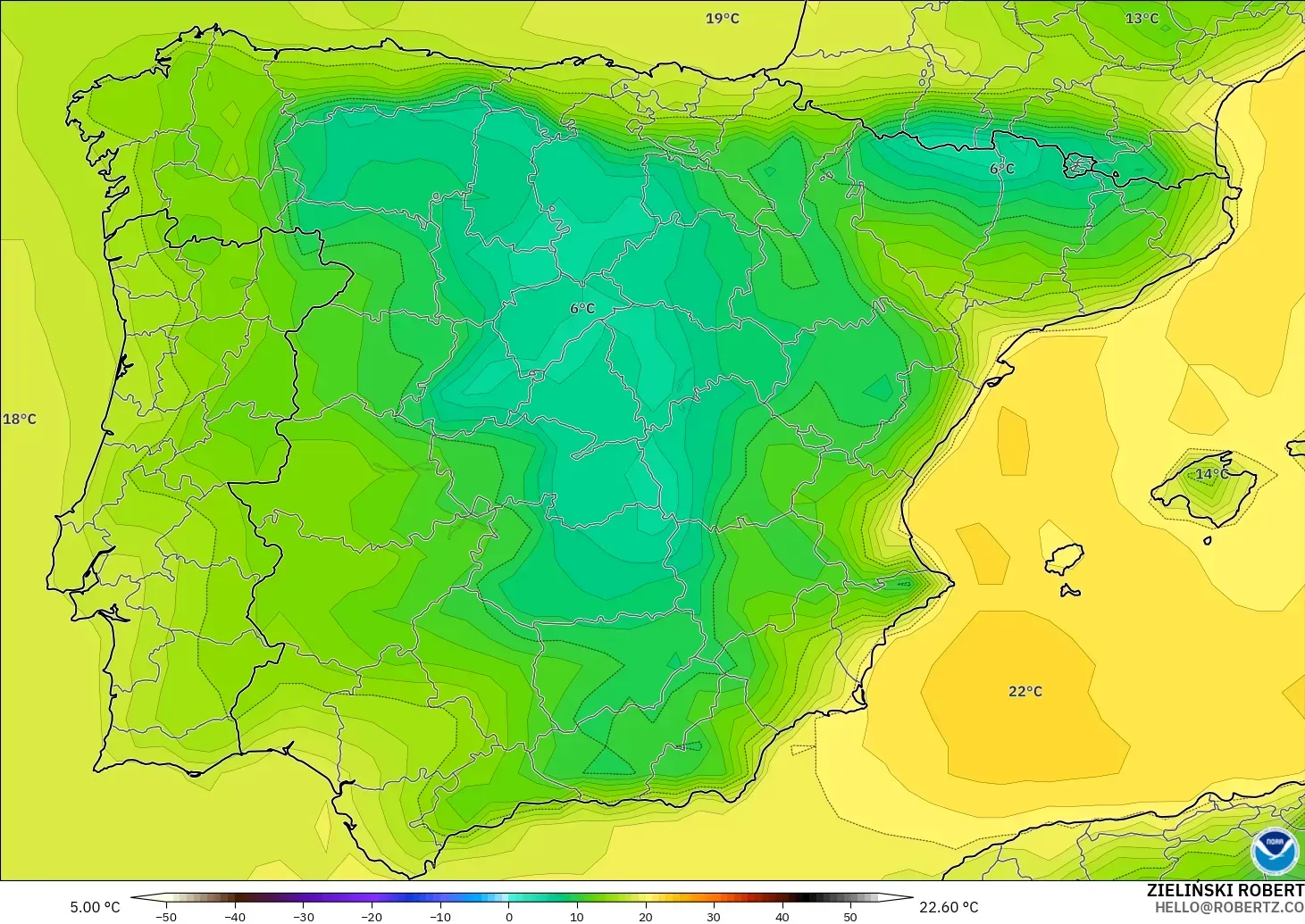GFS model - Spain, Dewpoint at 2m