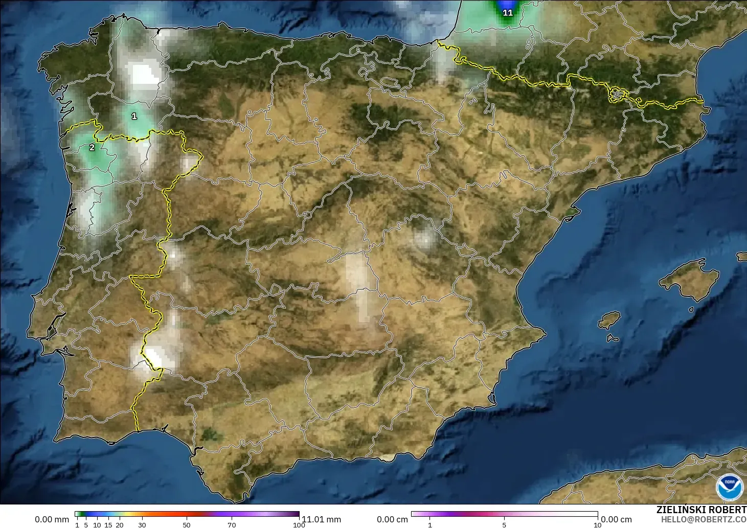 GFS model - Spain, Precipitation, Clouds, and Pressure