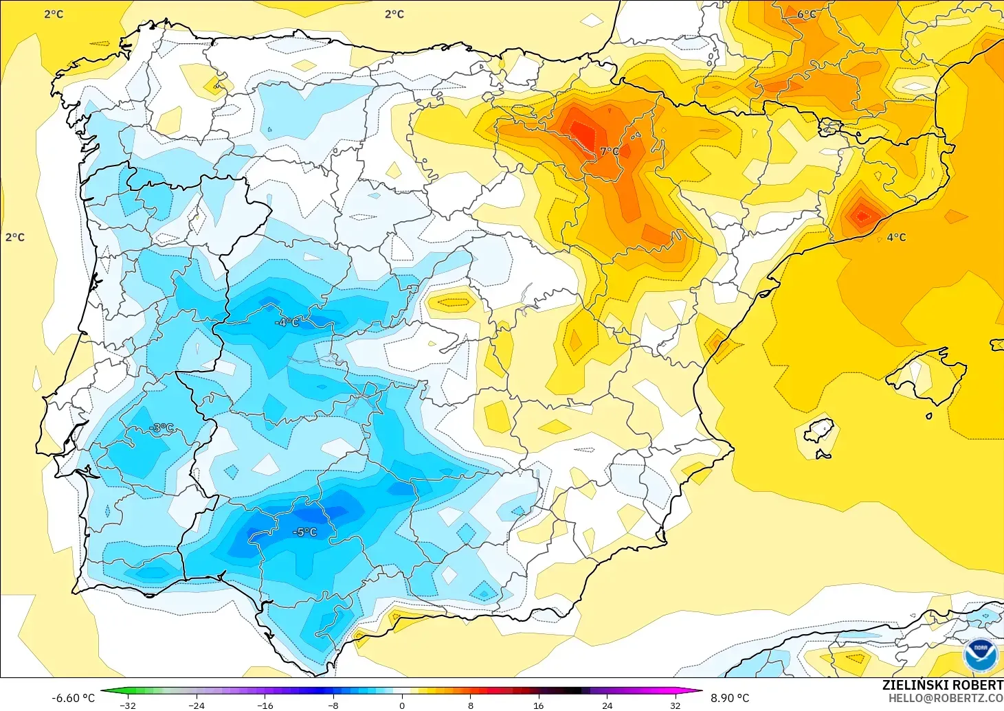 GFS model - Spain, Temperature at 2m Anomaly