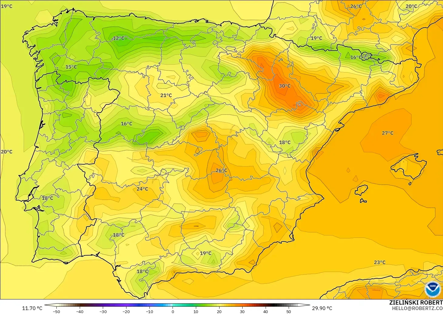 GFS model - Spain, Temperature at 2m
