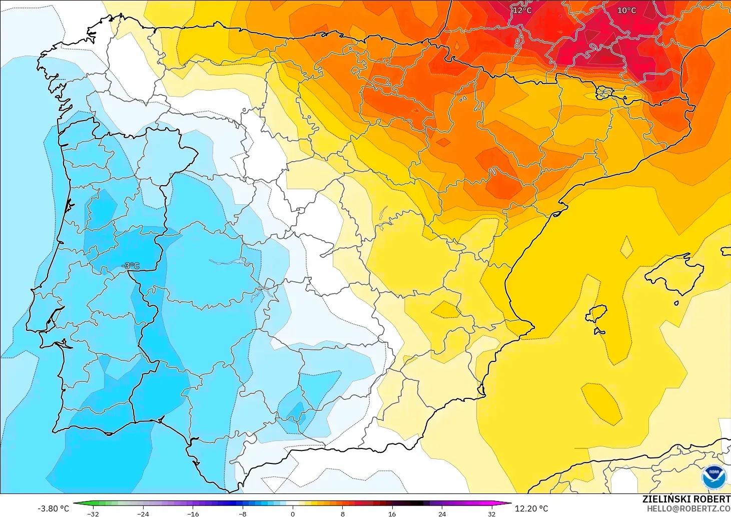 GFS model - Spain, Temperature at 850hPa Anomaly