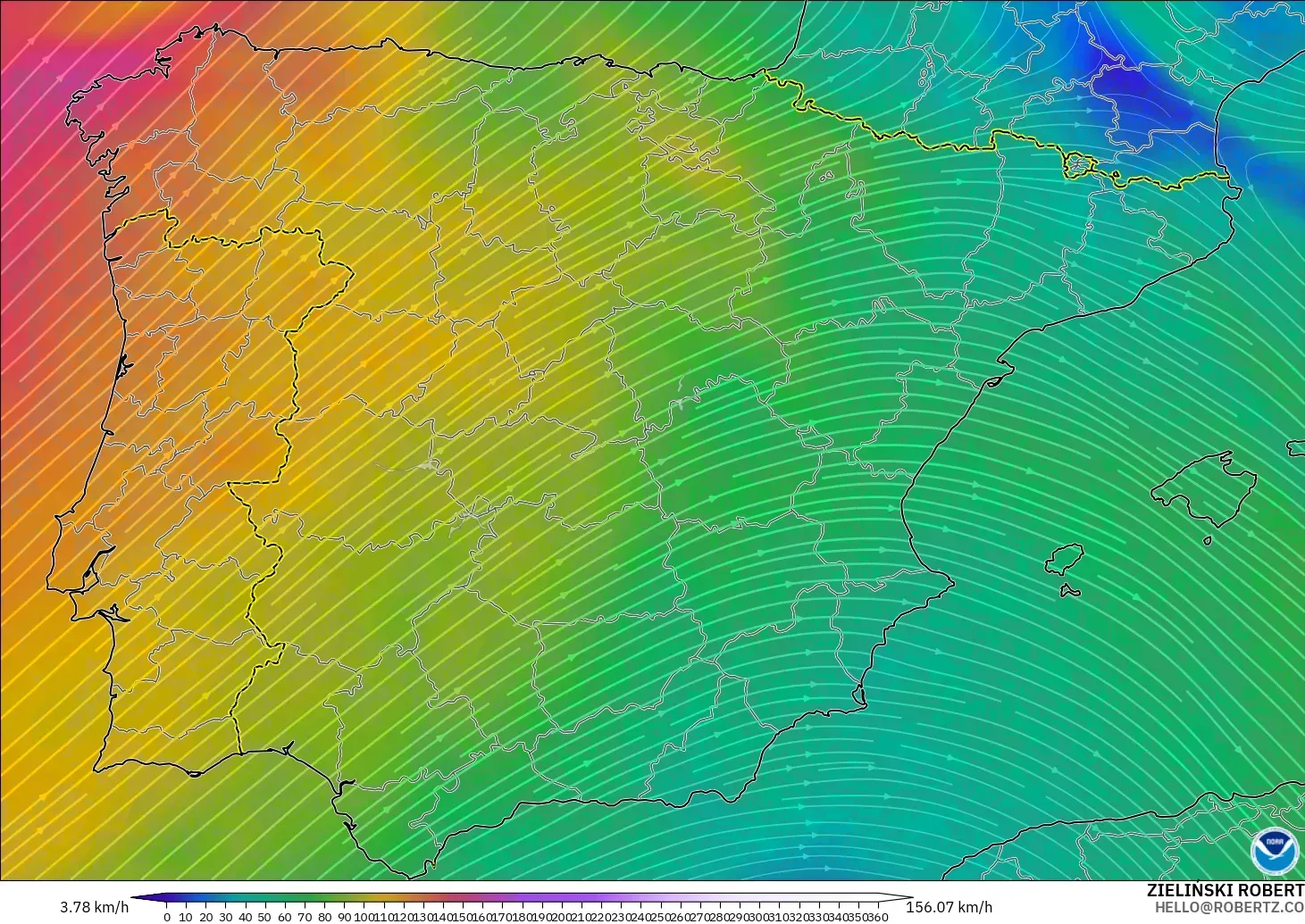 GFS model - Spain, Wind at 300hPa (jet stream)