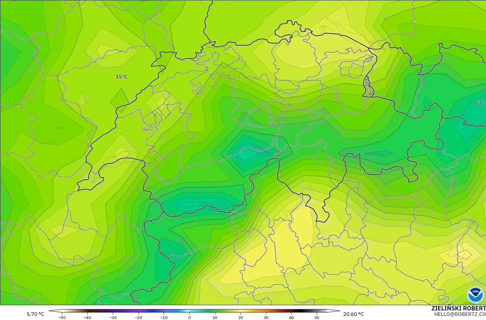 GFS model - Switzerland, Dewpoint at 2m
