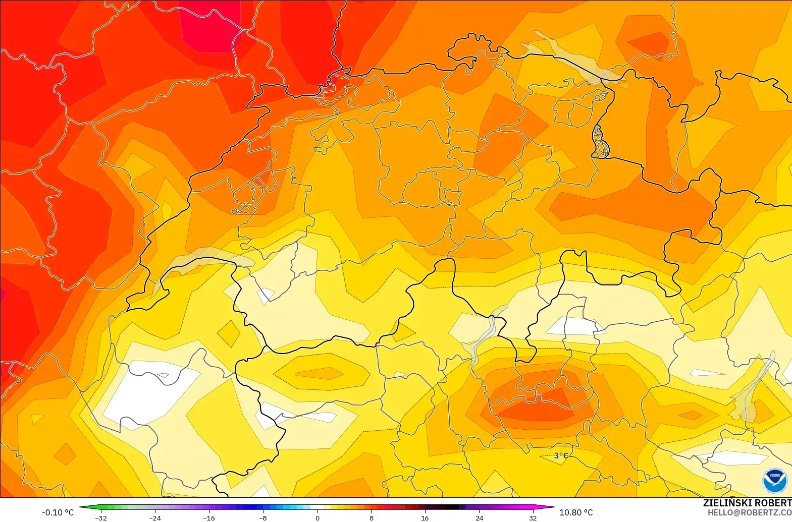 GFS model - Switzerland, Temperature at 2m Anomaly
