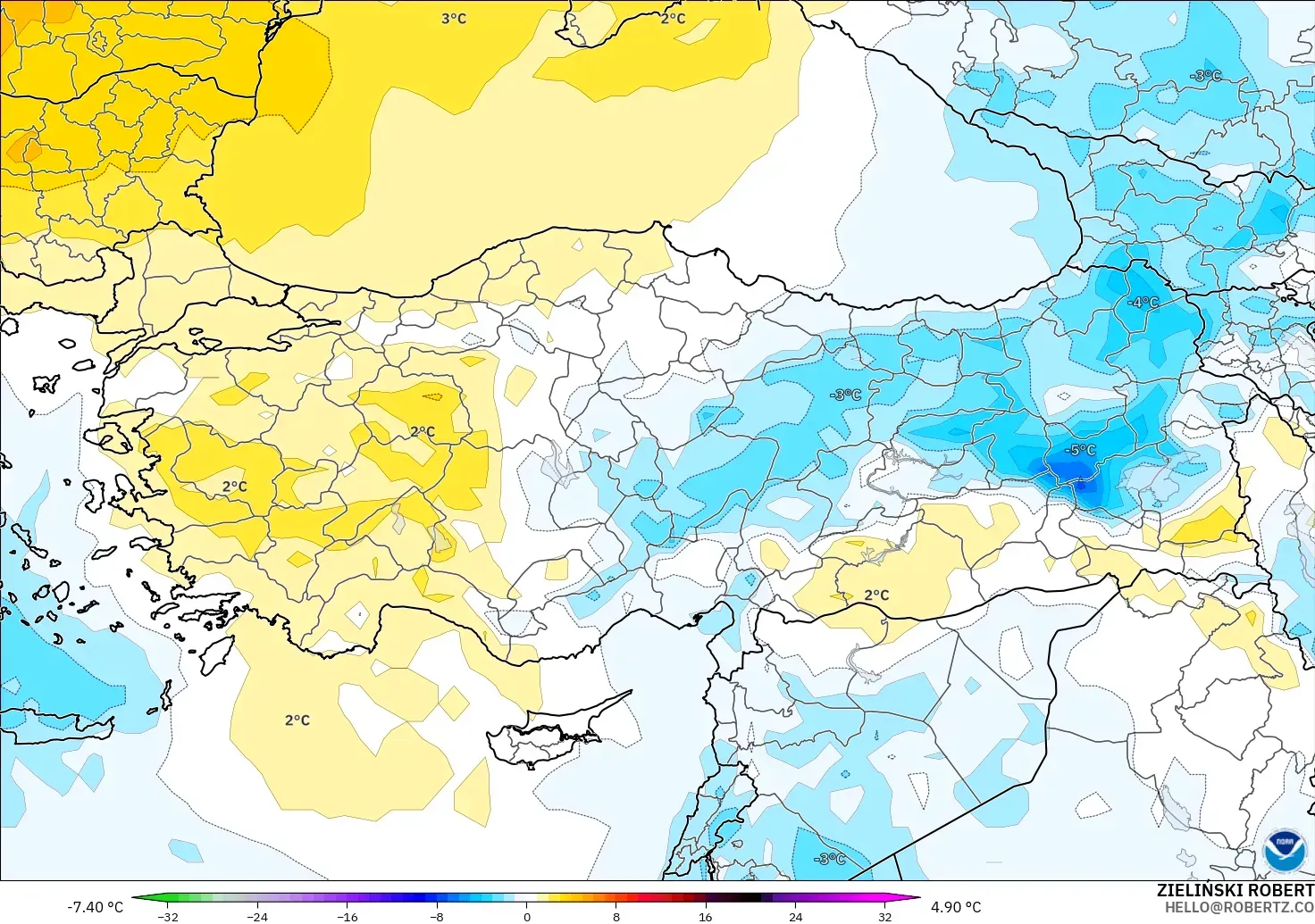 GFS model - Turkey, Temperature at 850hPa Anomaly