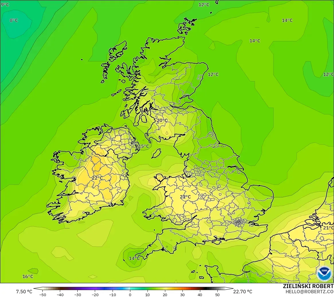 GFS model - United Kingdom, Dewpoint at 2m