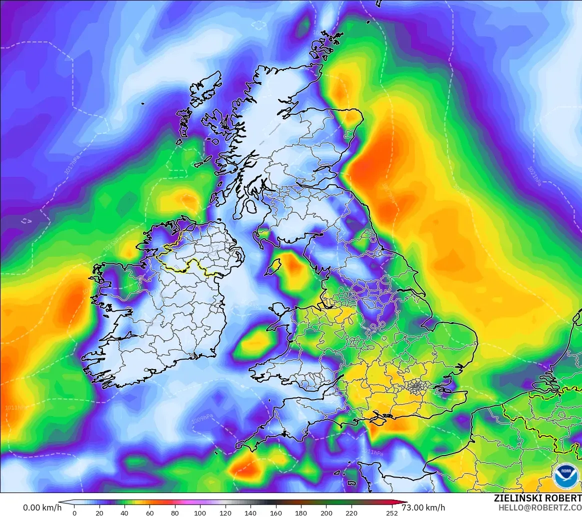 GFS model - United Kingdom, Wind Gusts Peak