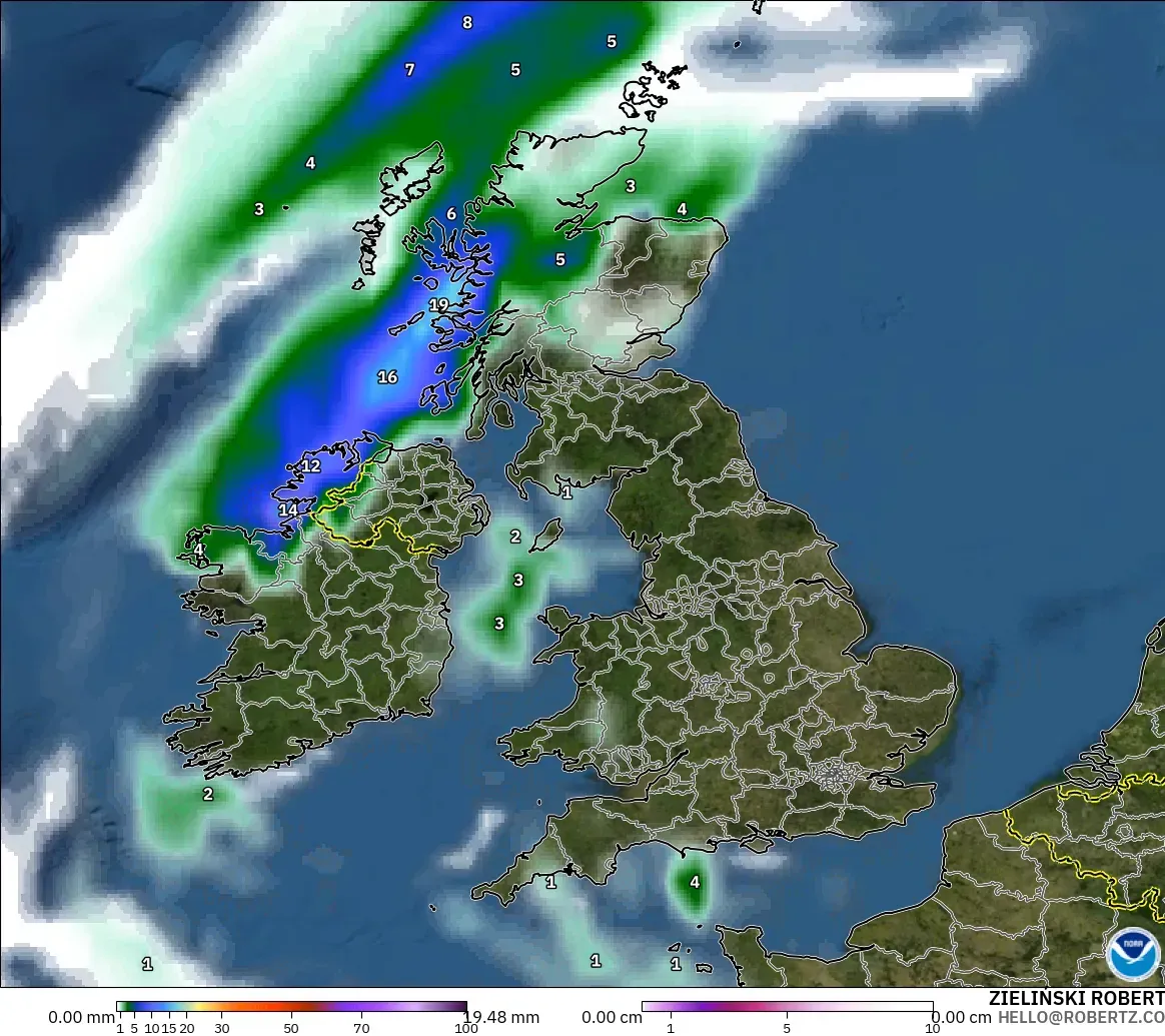 GFS model - United Kingdom, Precipitation, Clouds, and Pressure