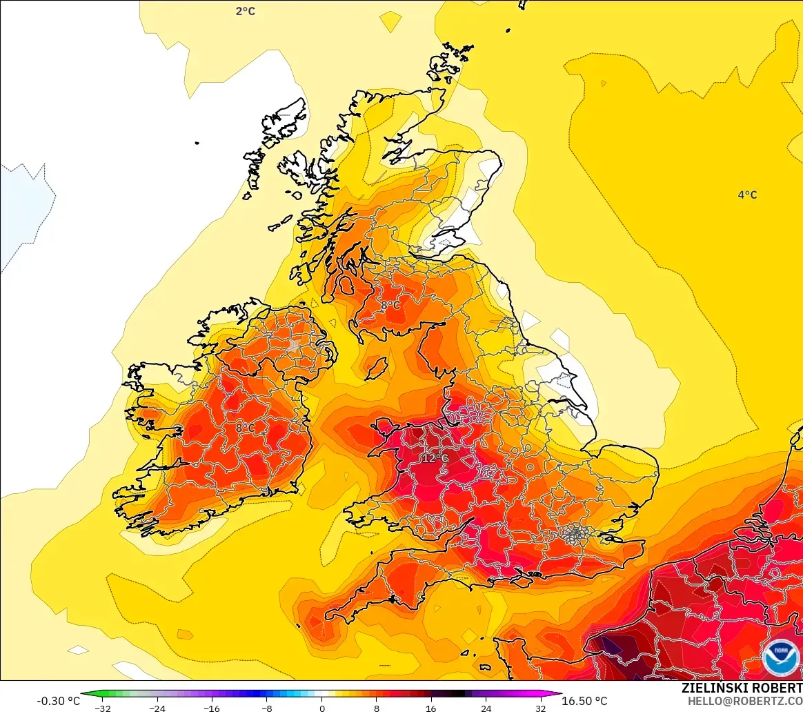 GFS model - United Kingdom, Temperature at 2m Anomaly