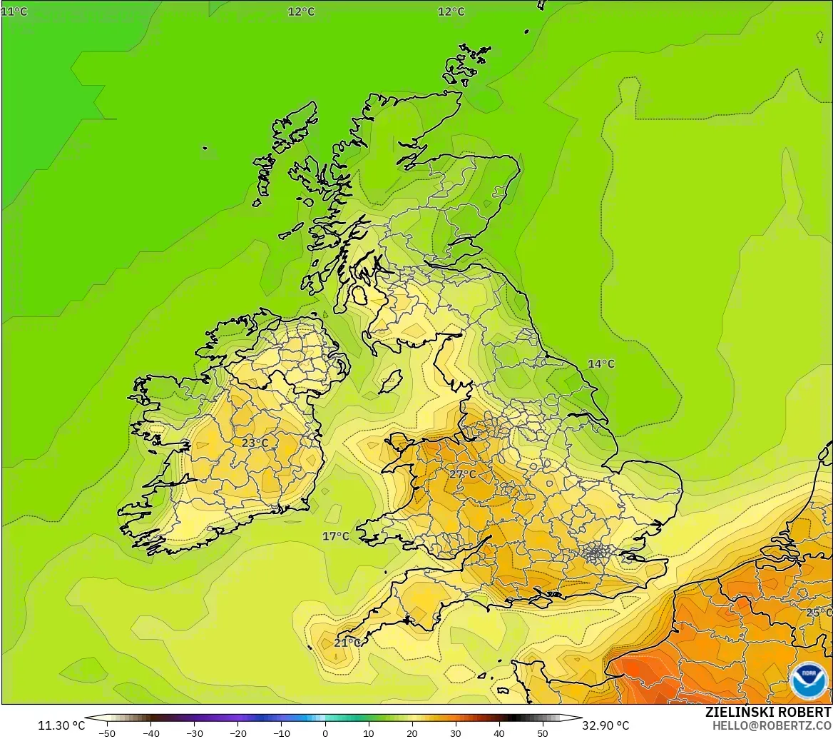 GFS model - United Kingdom, Temperature at 2m