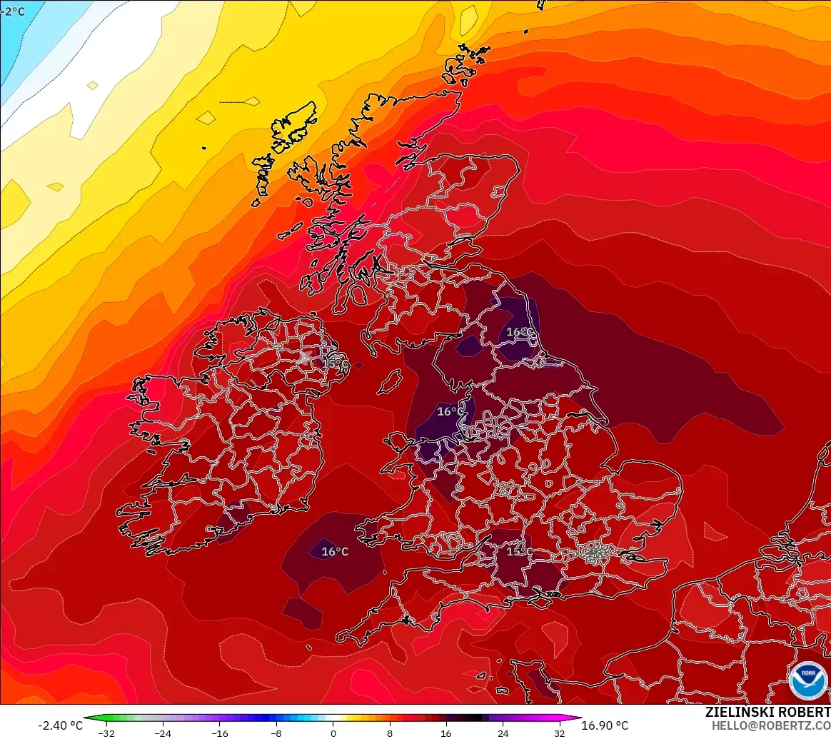 GFS model - United Kingdom, Temperature at 850hPa Anomaly