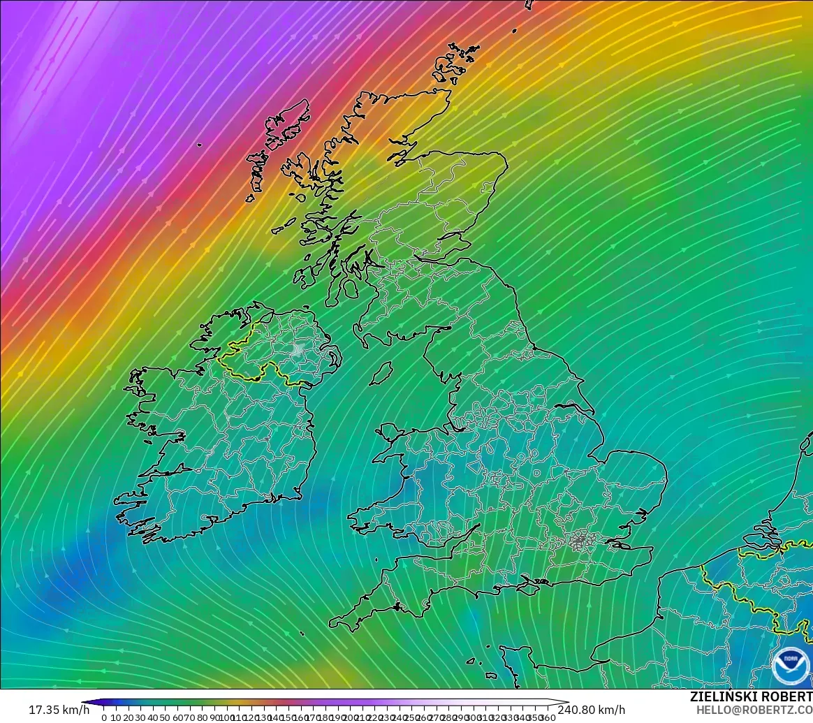 GFS model - United Kingdom, Wind at 300hPa (jet stream)