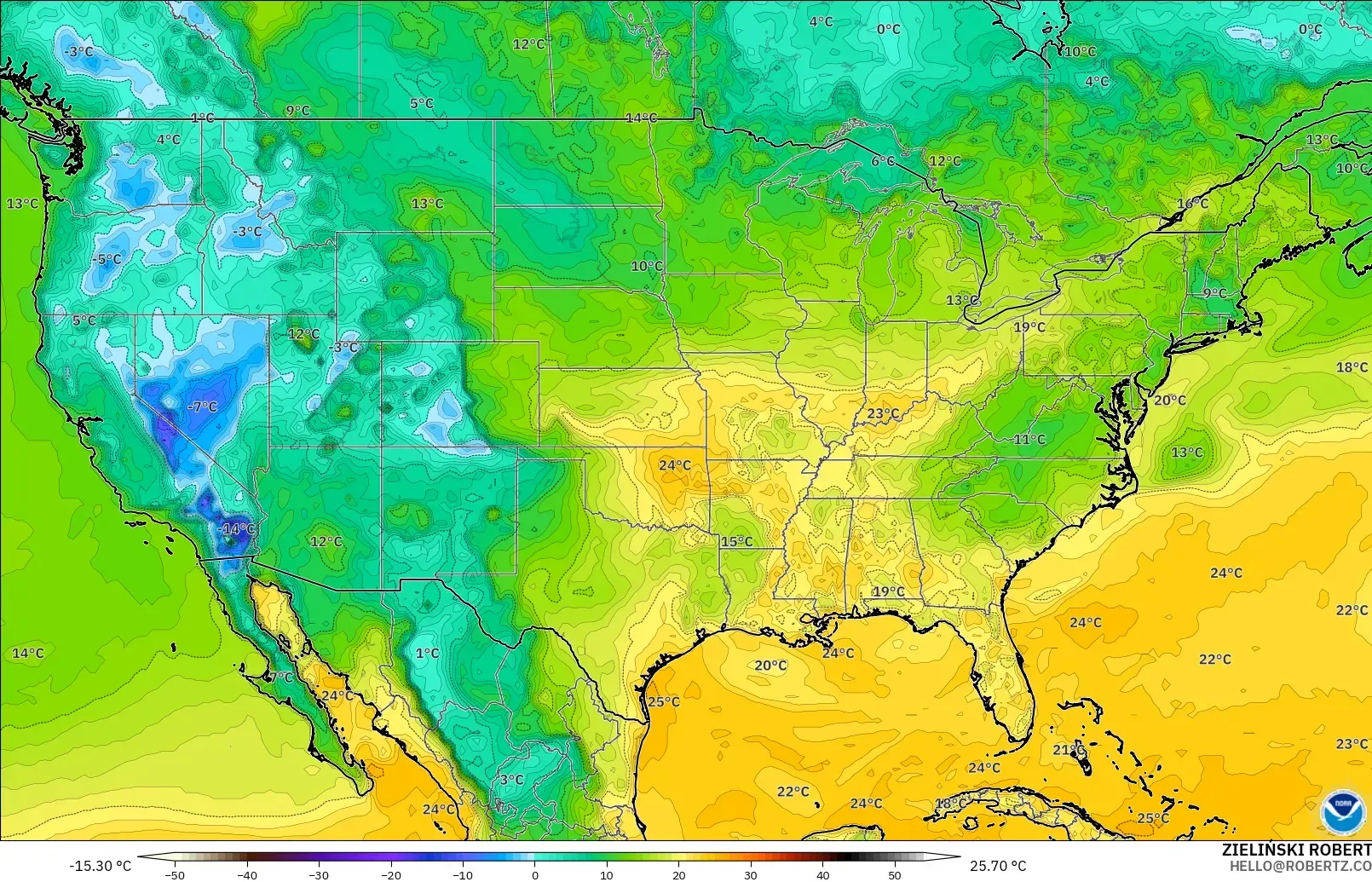 GFS model - United States, Dewpoint at 2m