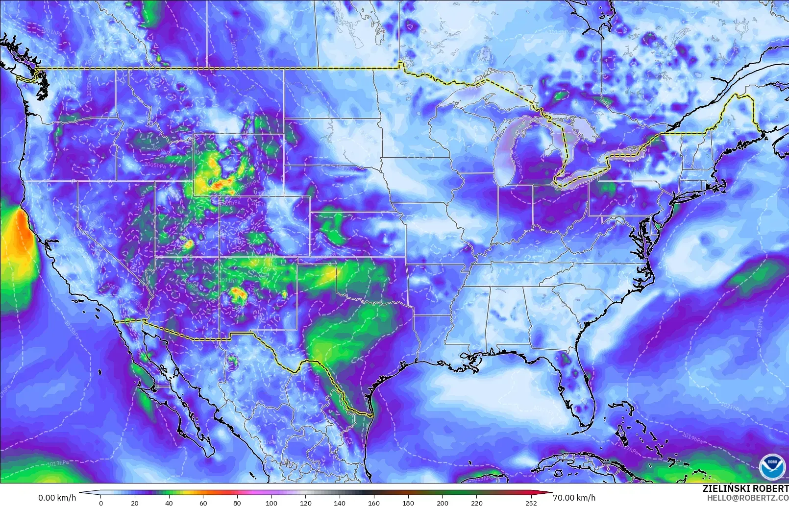 GFS model - United States, Wind Gusts Peak
