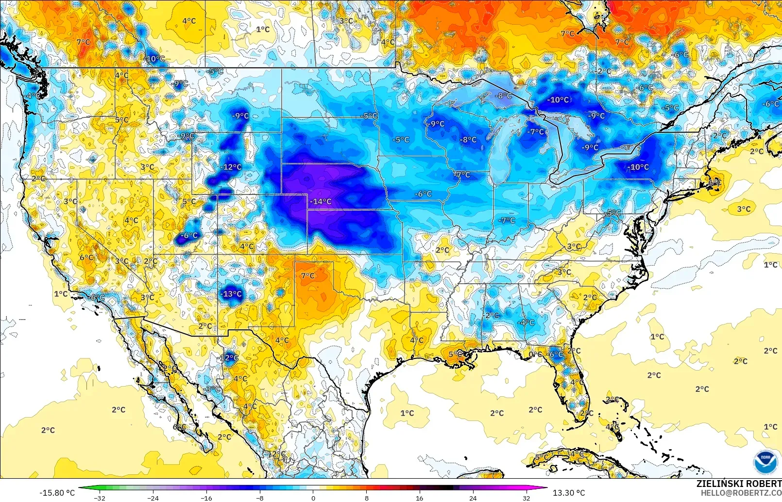 GFS model - United States, Temperature at 2m Anomaly
