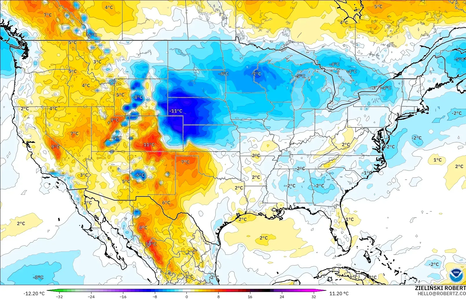 GFS model - United States, Temperature at 850hPa Anomaly