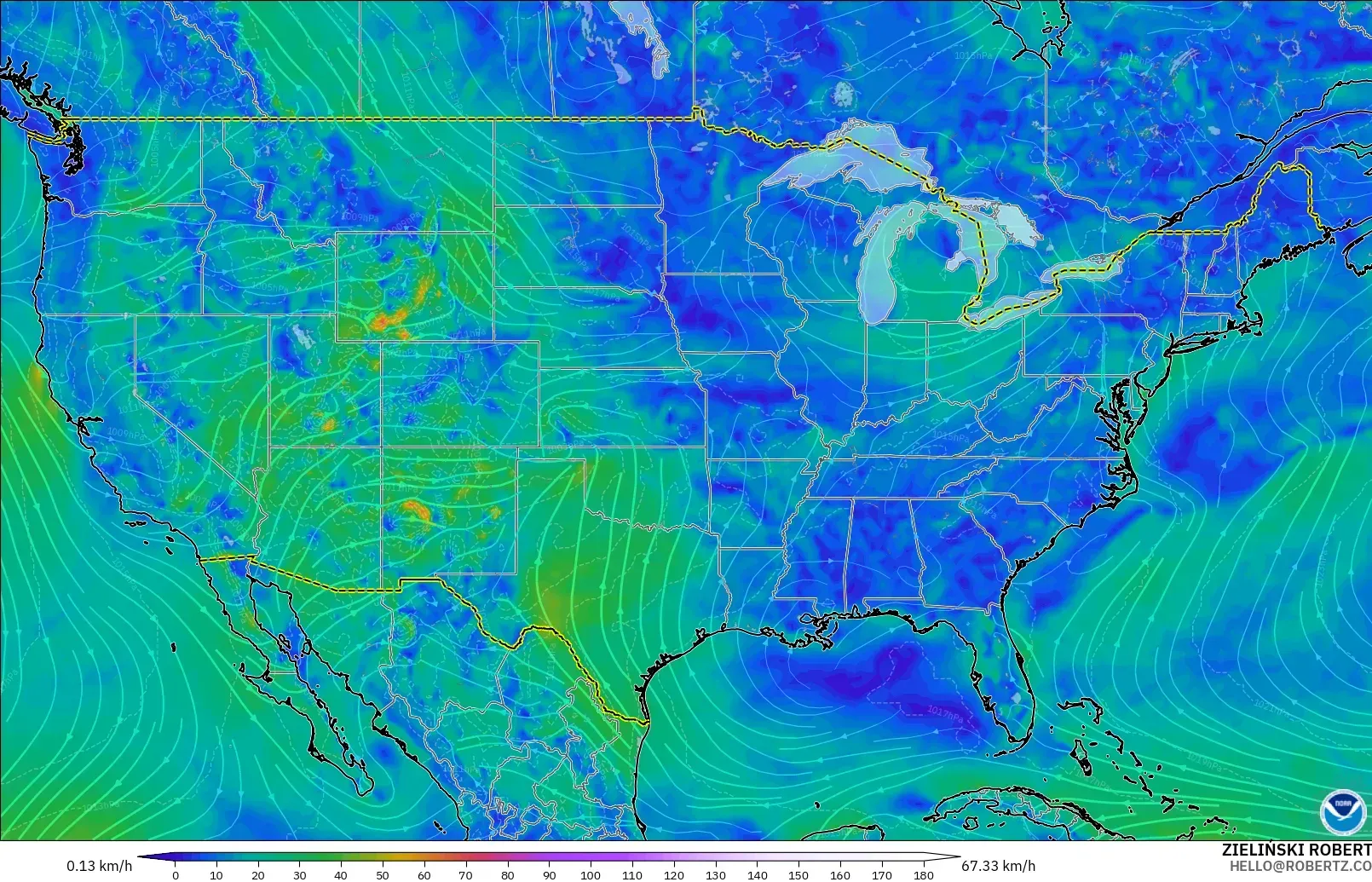 GFS model - United States, Wind at 10m