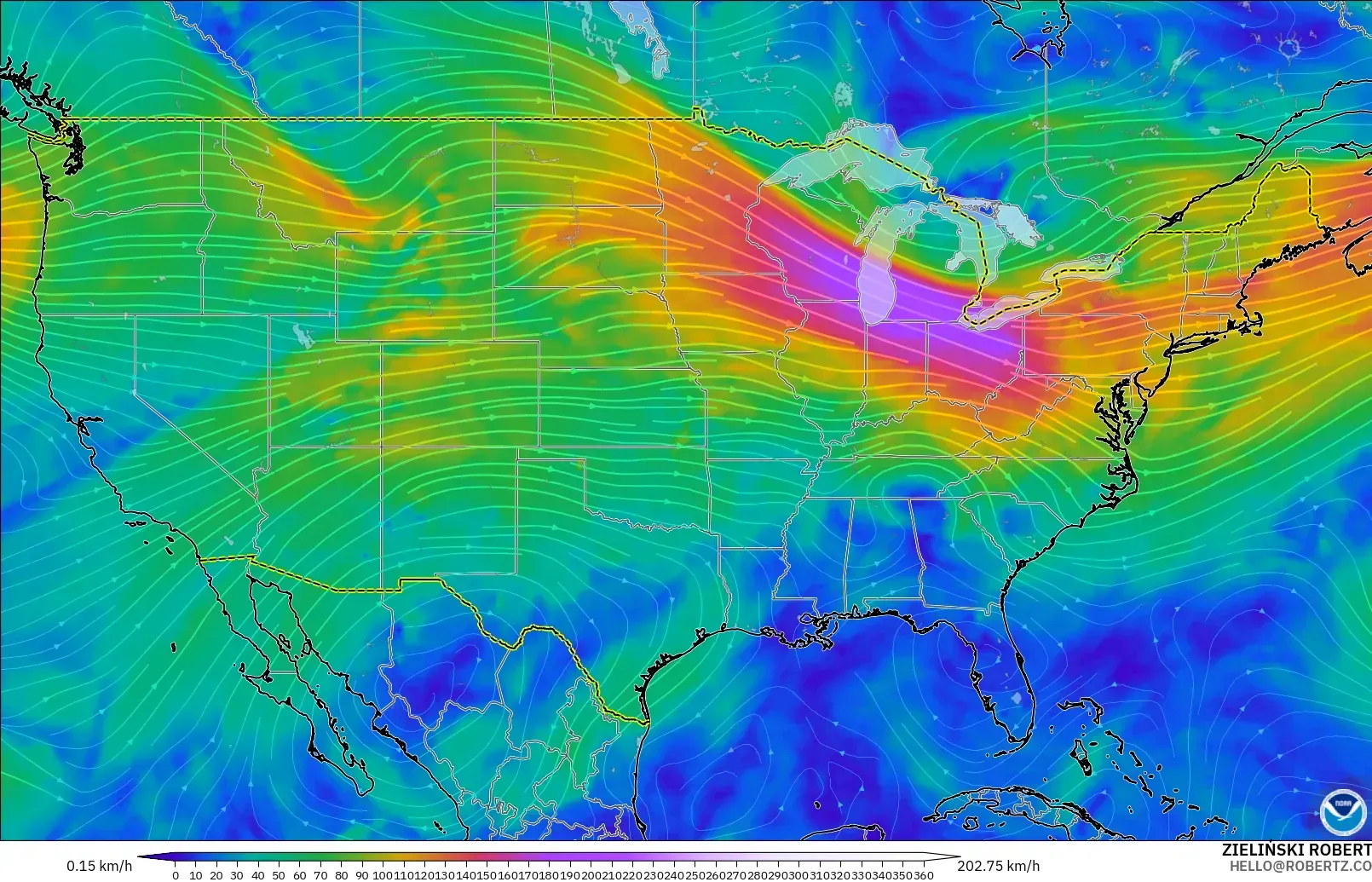 GFS model - United States, Wind at 300hPa (jet stream)