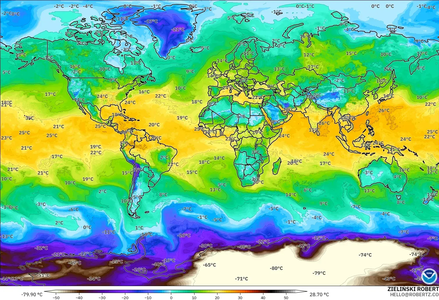 GFS model - World, Dewpoint at 2m