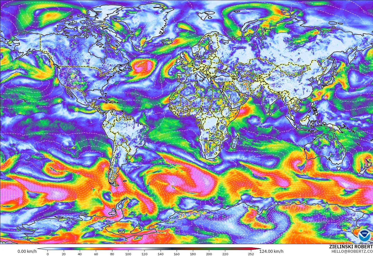 GFS model - World, Wind Gusts