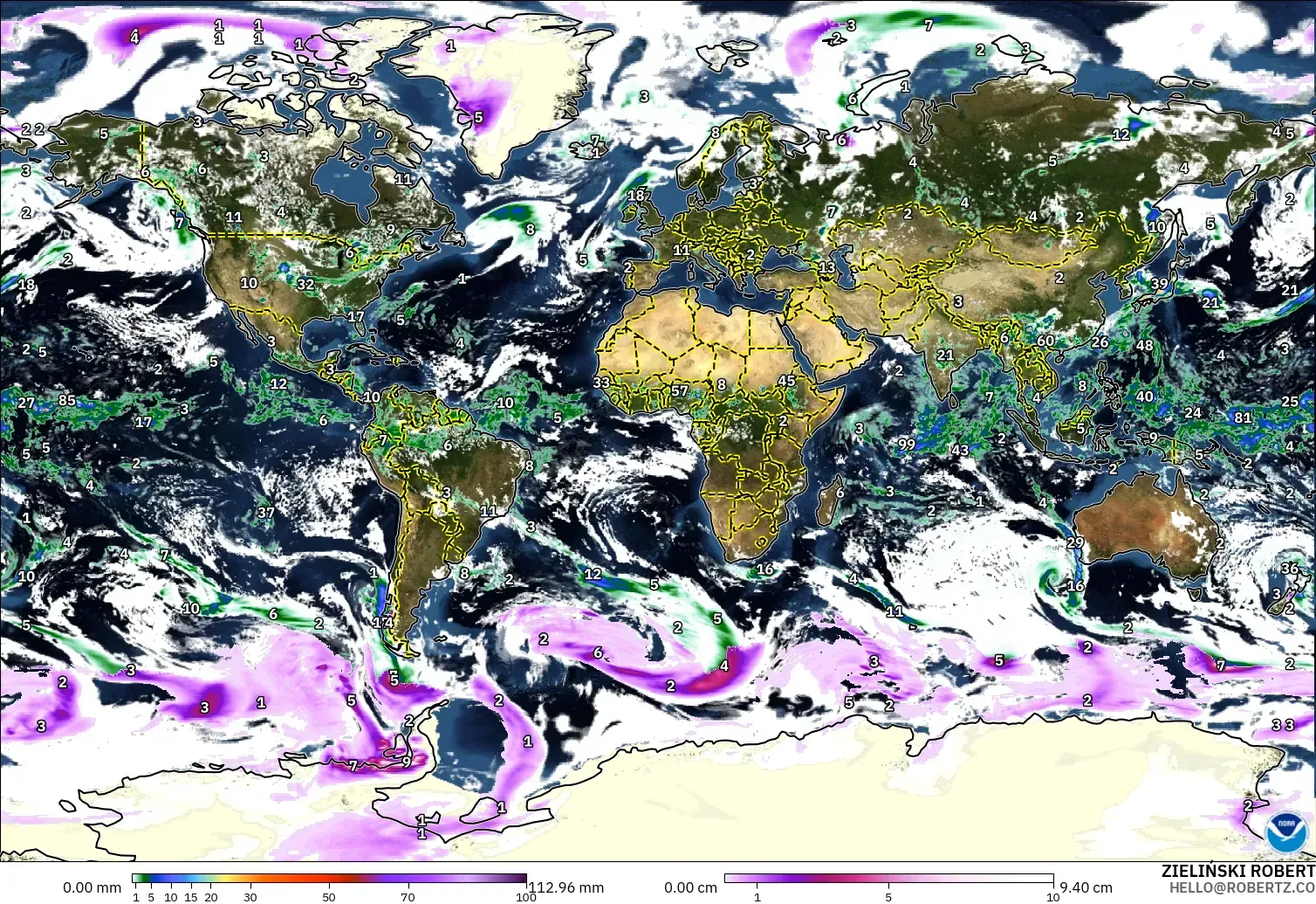 GFS model - World, Precipitation, Clouds, and Pressure