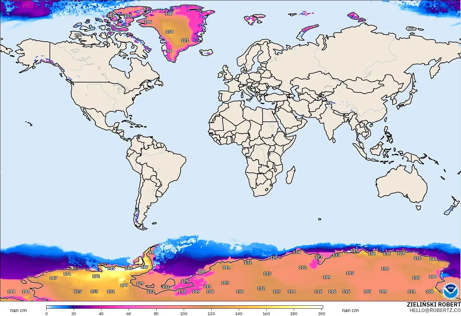 GFS model - World, Snow Depth