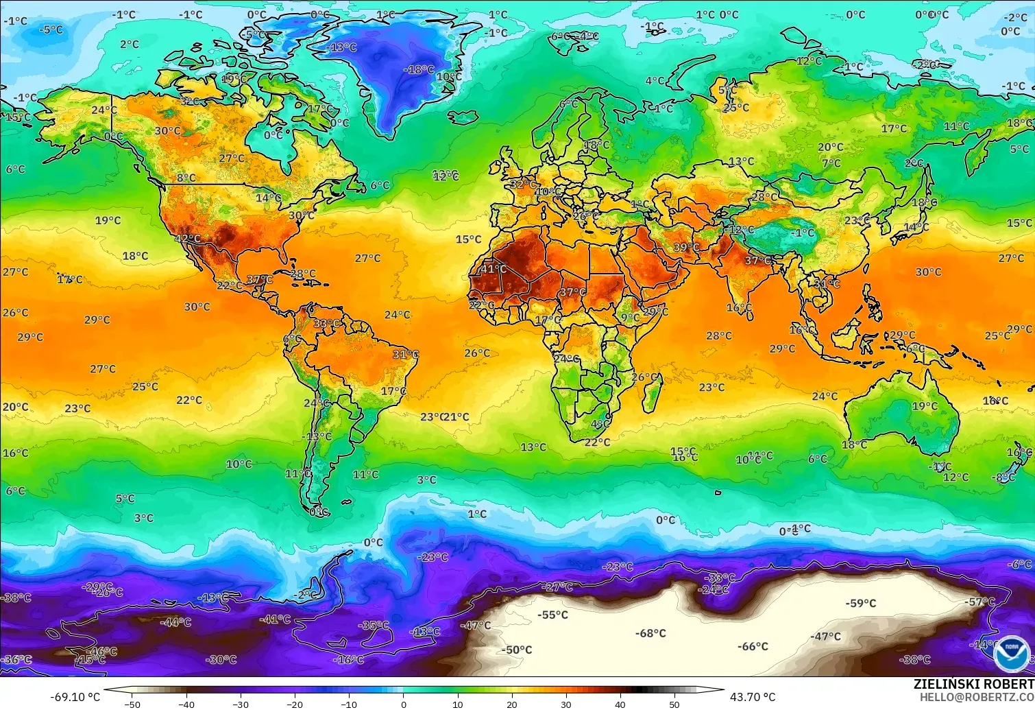 GFS model - World, Temperature at 2m