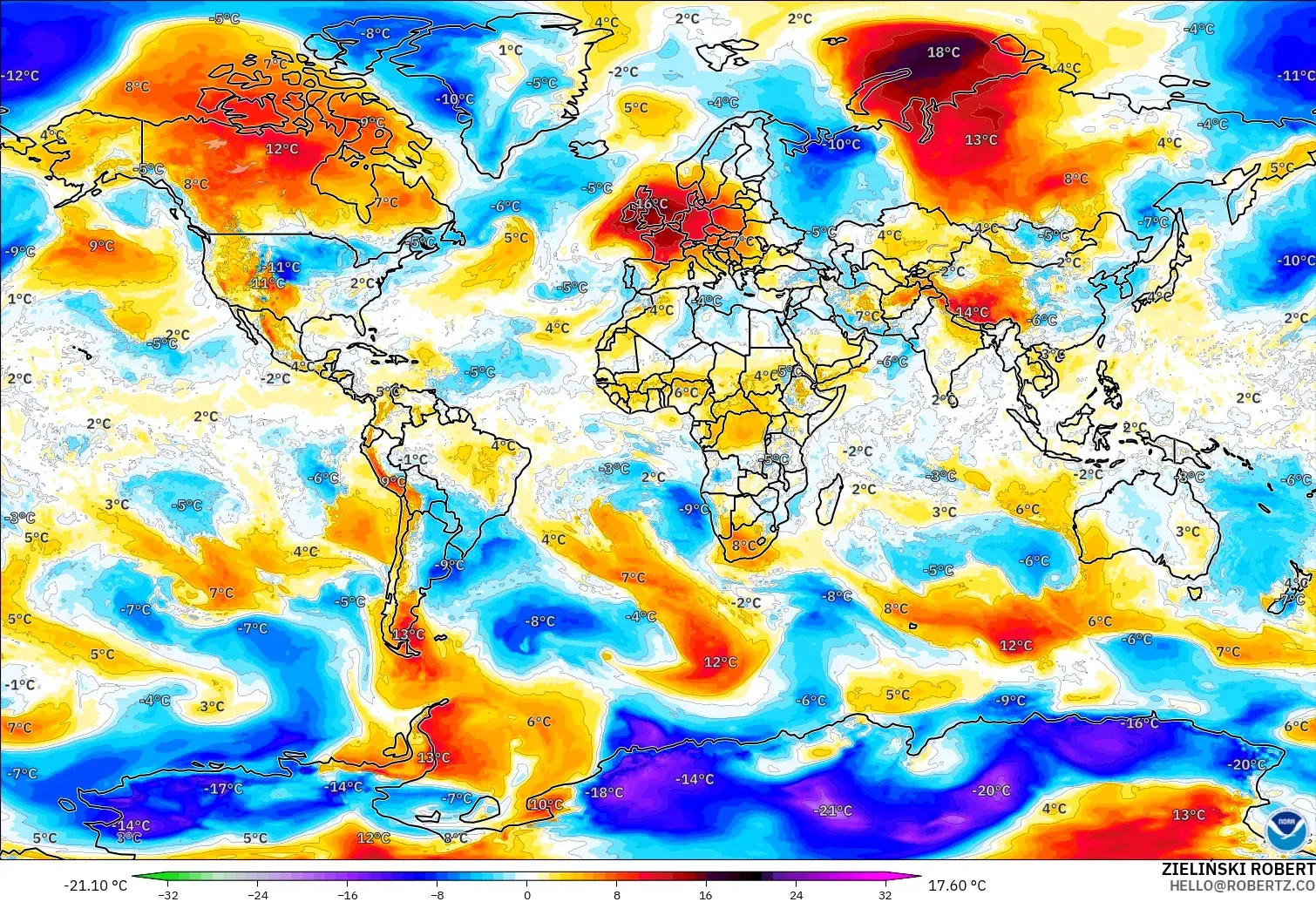 GFS model - World, Temperature at 850hPa Anomaly