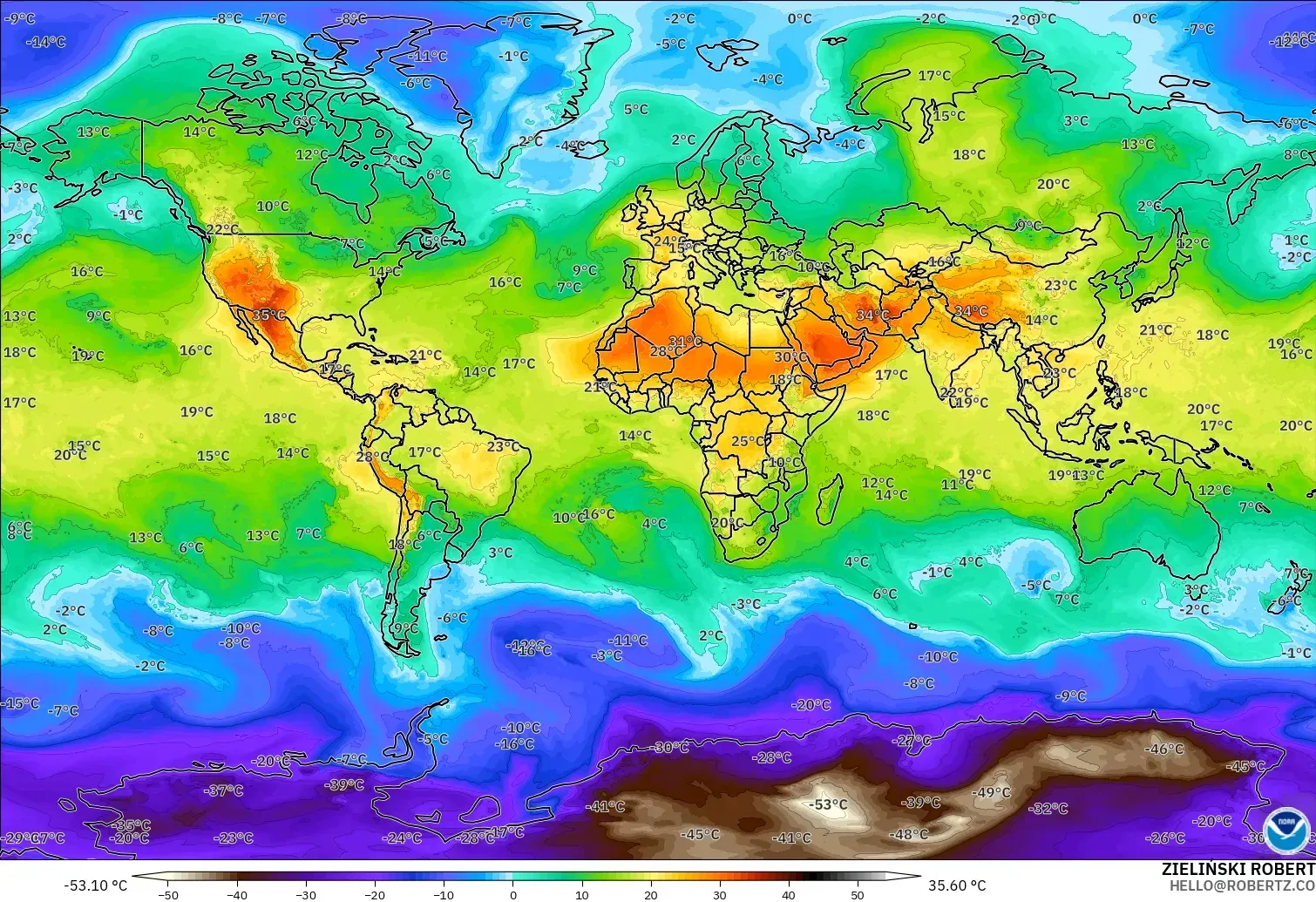 GFS model - World, Temperature at 850hPa