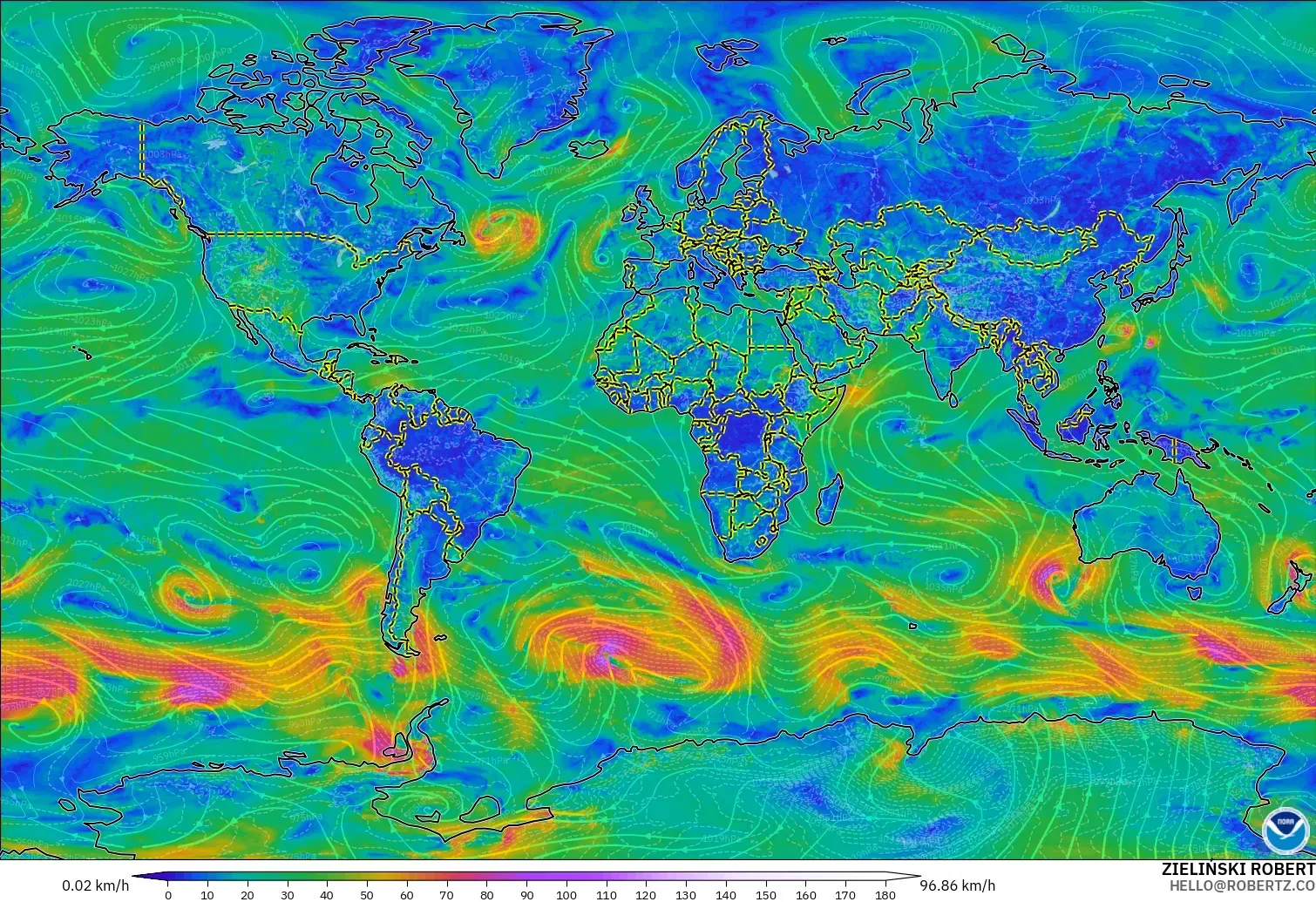 GFS model - World, Wind at 10m