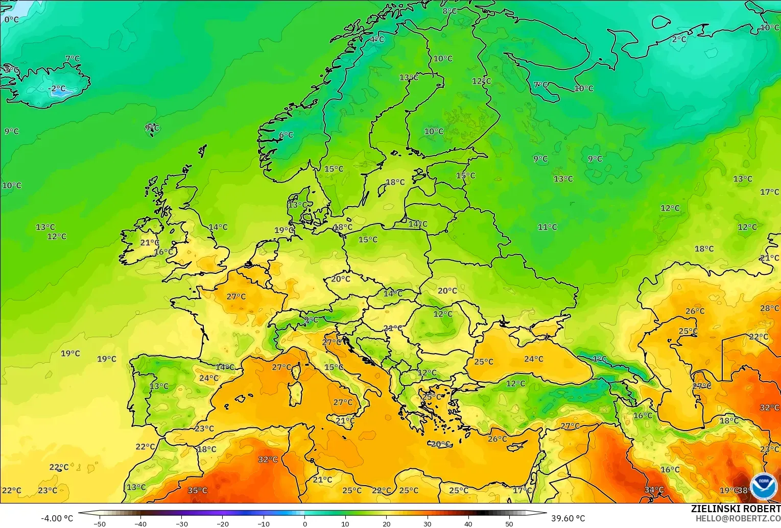 GFS model - Europe, Temperature at 2m
