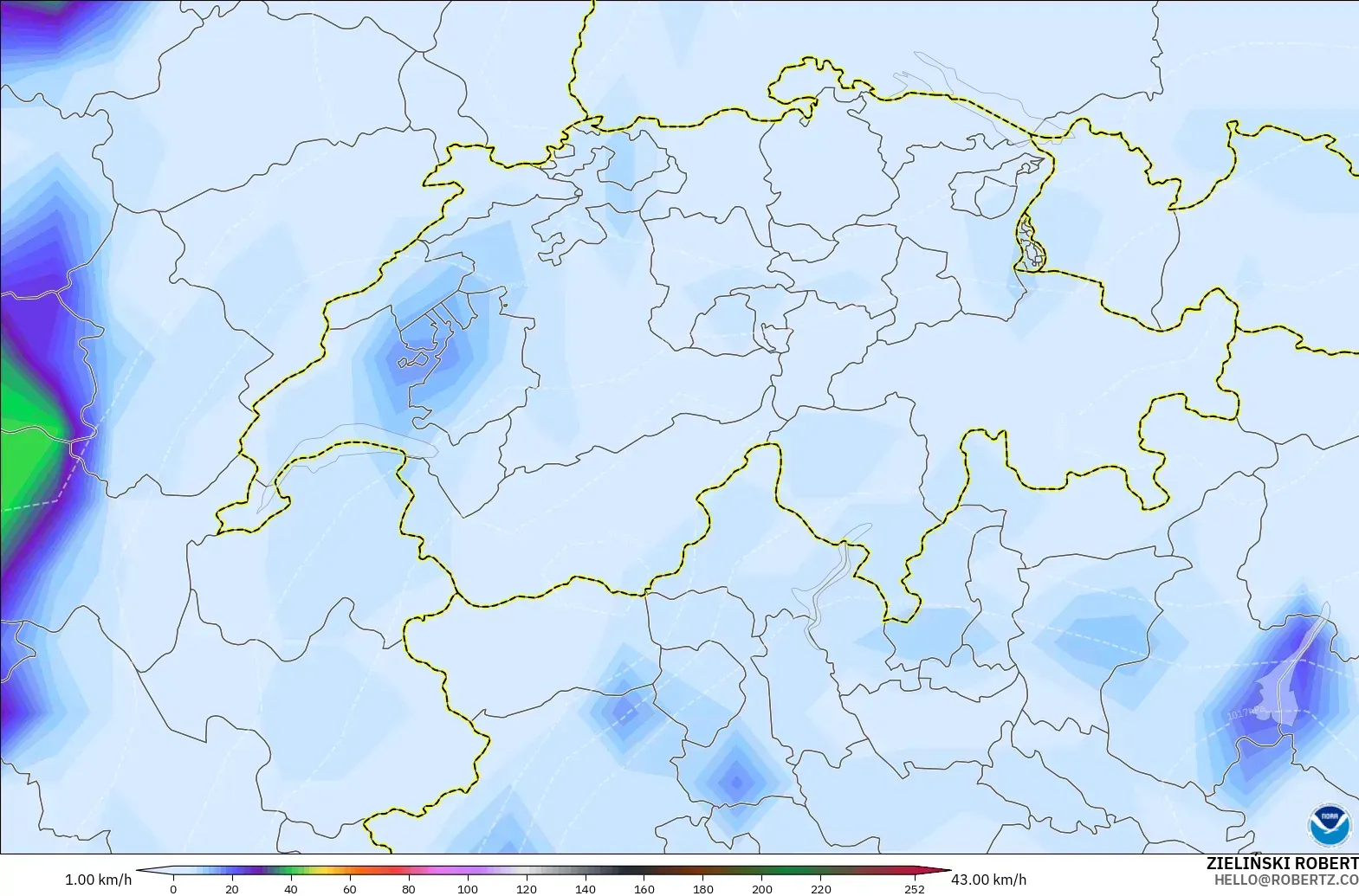 GFS model - Switzerland, Wind Gusts