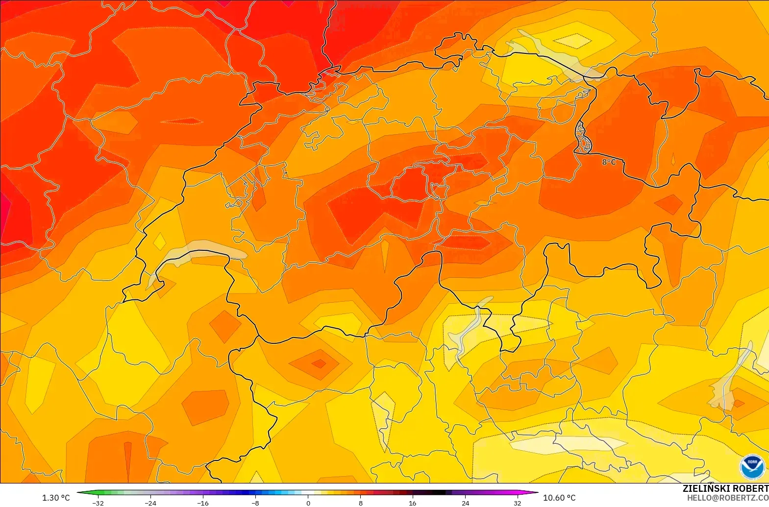 GFS model - Switzerland, Temperature at 2m Anomaly