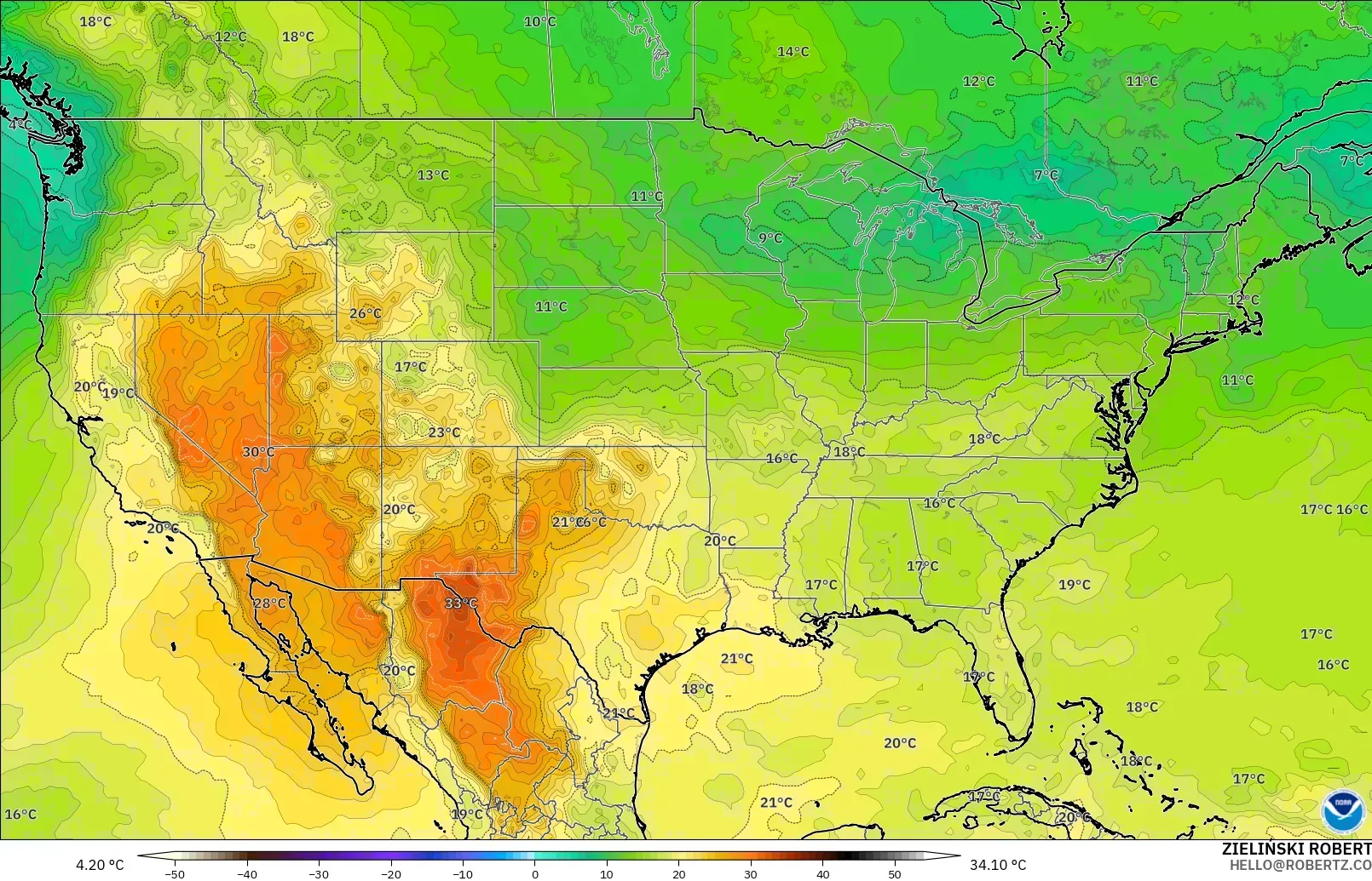 GFS model - United States, Temperature at 850hPa