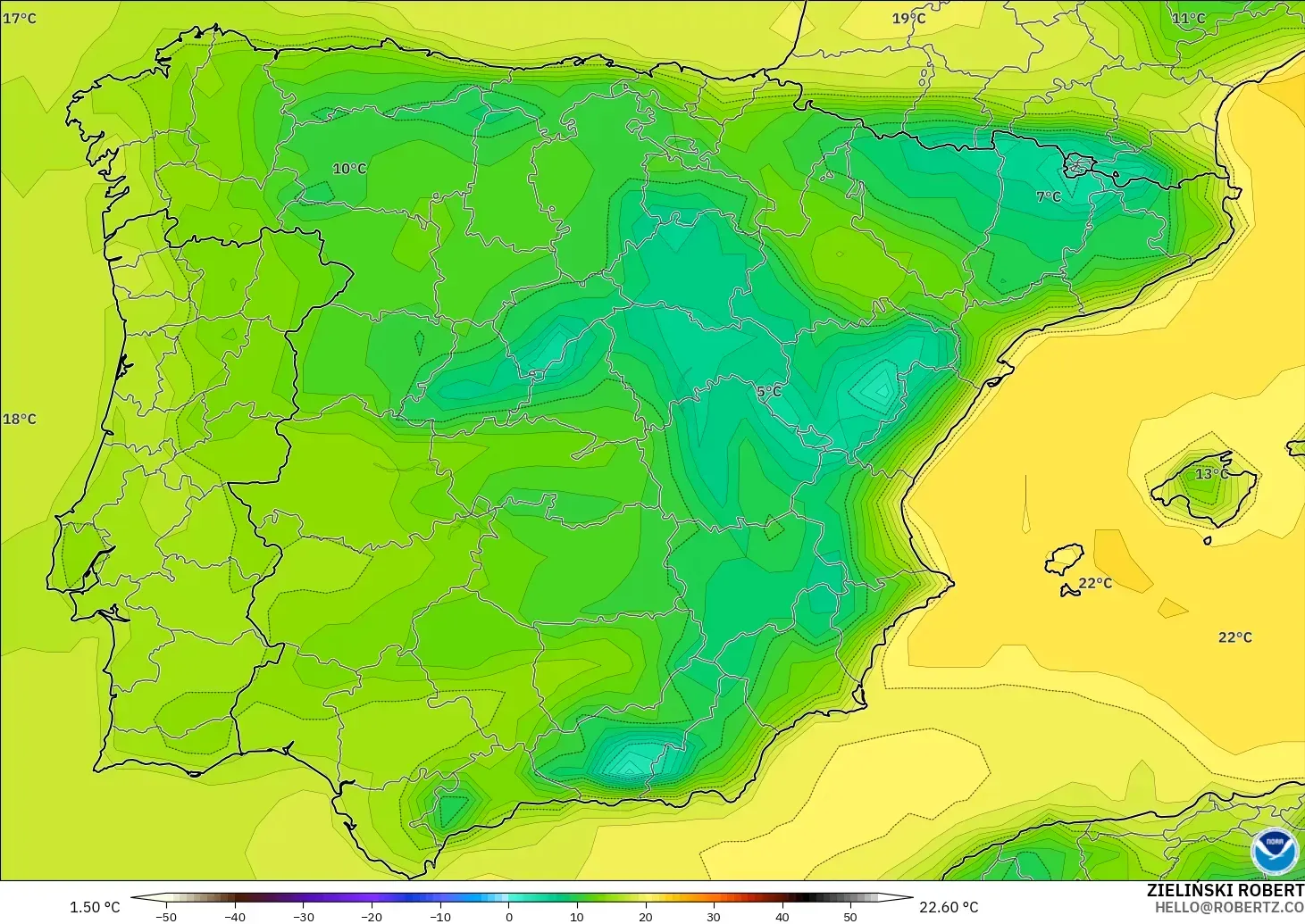 GFS model - Spain, Dewpoint at 2m