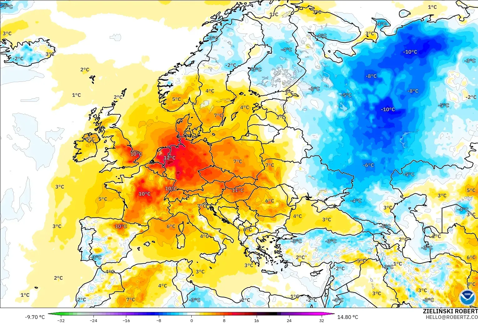 GFS model - Europe, Temperature at 2m Anomaly