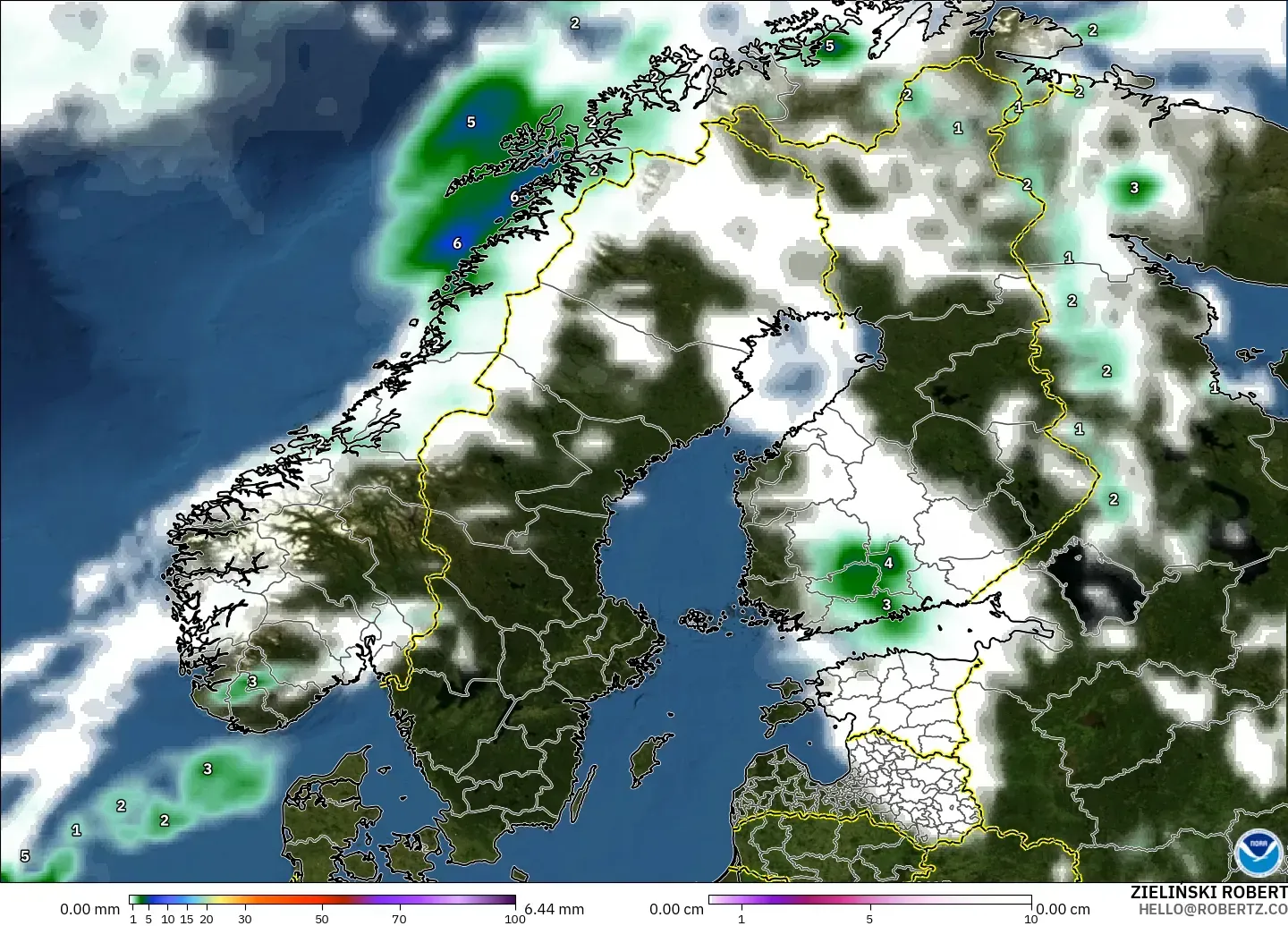 GFS model - Scandinavia, Precipitation, Clouds, and Pressure