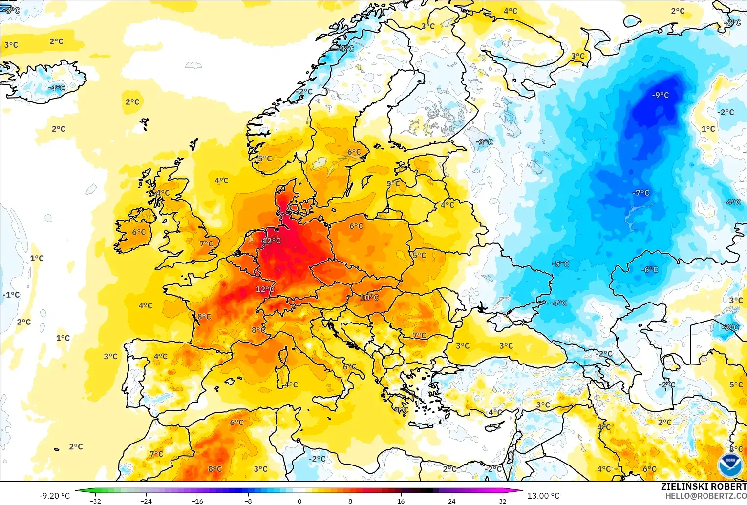 GFS model - Europe, Temperature at 2m Anomaly