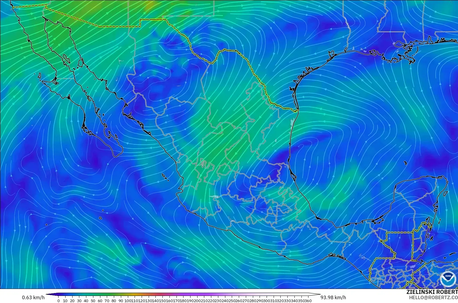 GFS model - Mexico, Wind at 300hPa (jet stream)