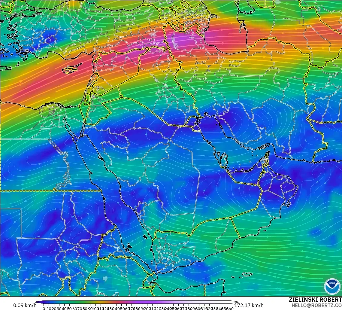 GFS model - Middle East, Wind at 300hPa (jet stream)