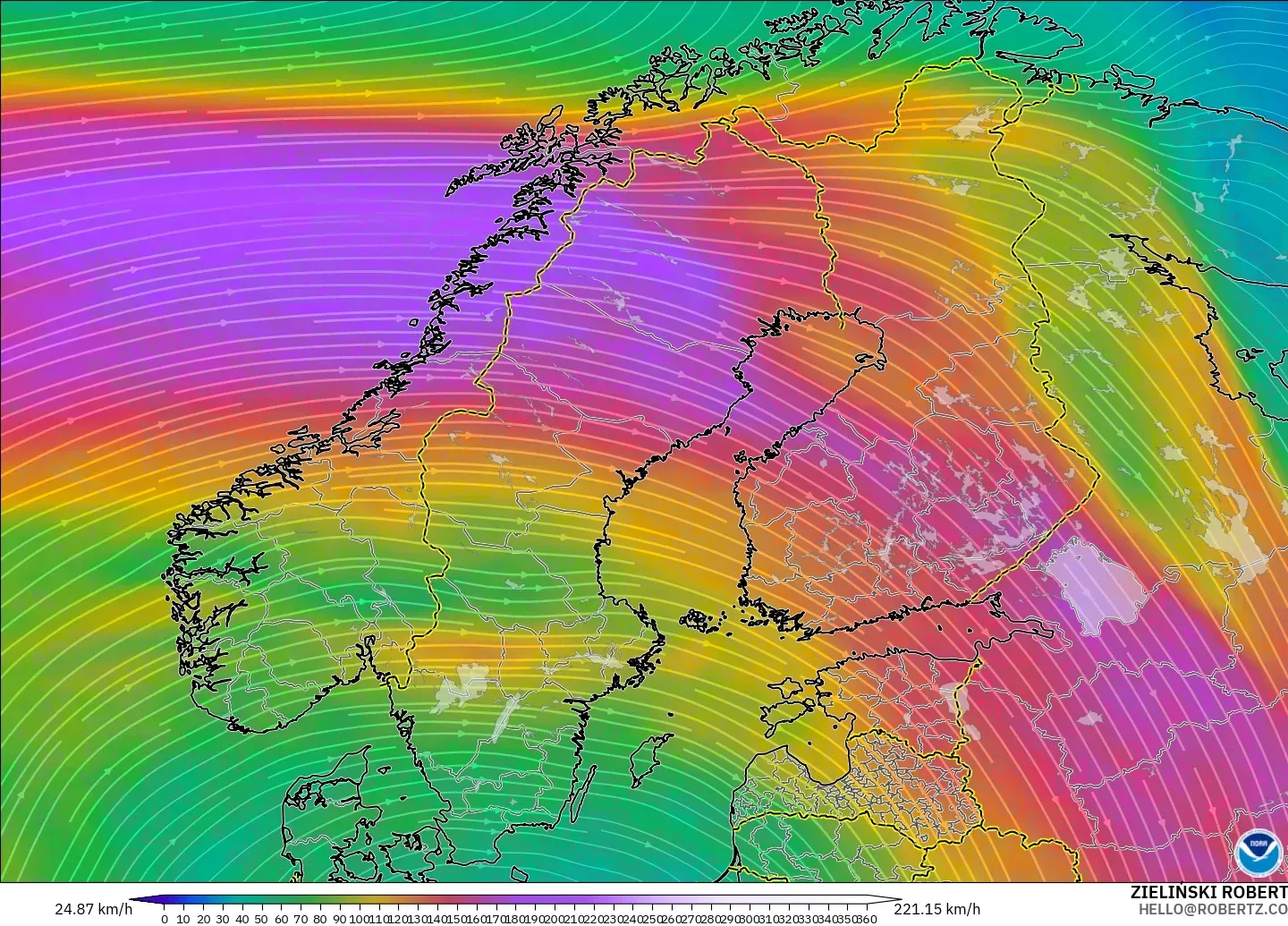 GFS model - Scandinavia, Wind at 300hPa (jet stream)