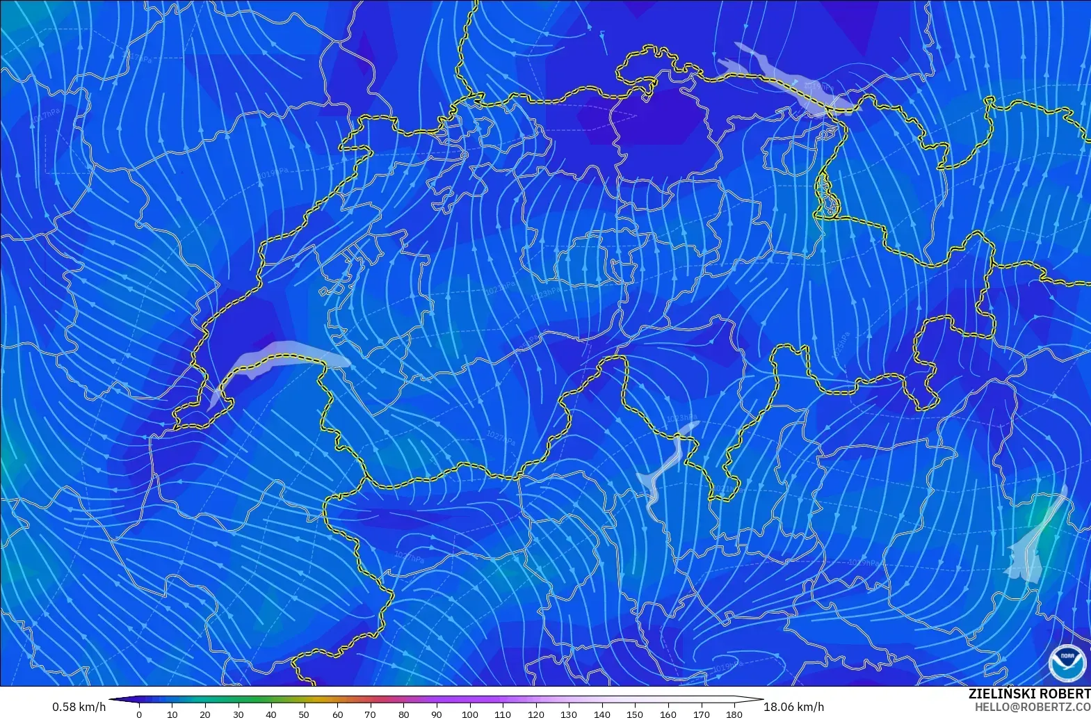 GFS model - Switzerland, Wind at 10m