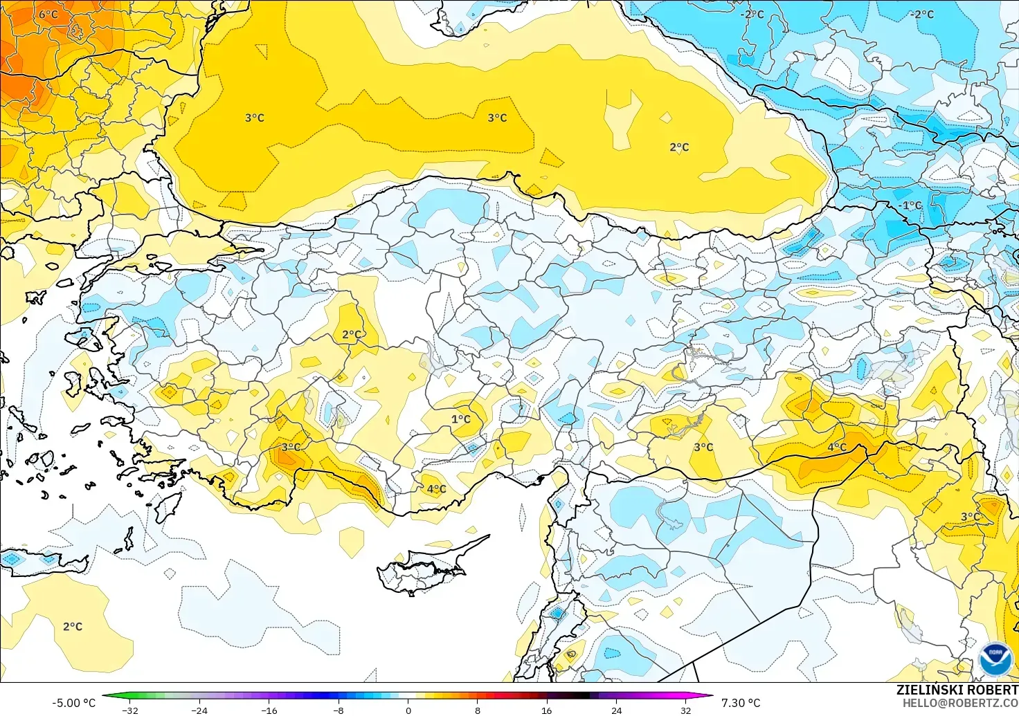 GFS model - Turkey, Temperature at 2m Anomaly